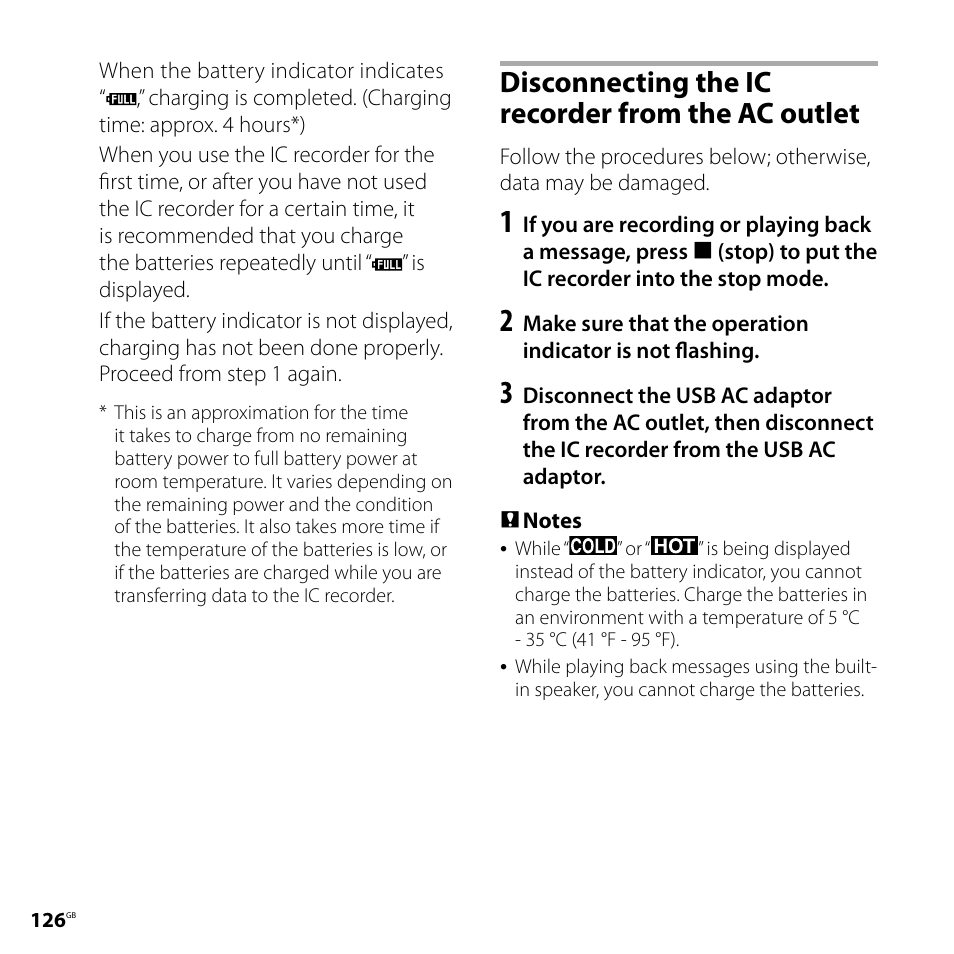 Disconnecting the ic recorder from the ac outlet, Disconnecting the ic recorder from, The ac outlet | Sony ICD-SX750 User Manual | Page 126 / 136
