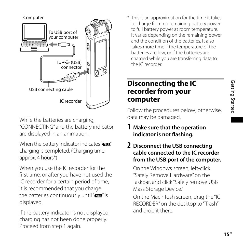 Disconnecting the ic recorder from your computer, Disconnecting the ic recorder from, Your computer | Sony ICD-SX750 User Manual | Page 15 / 136
