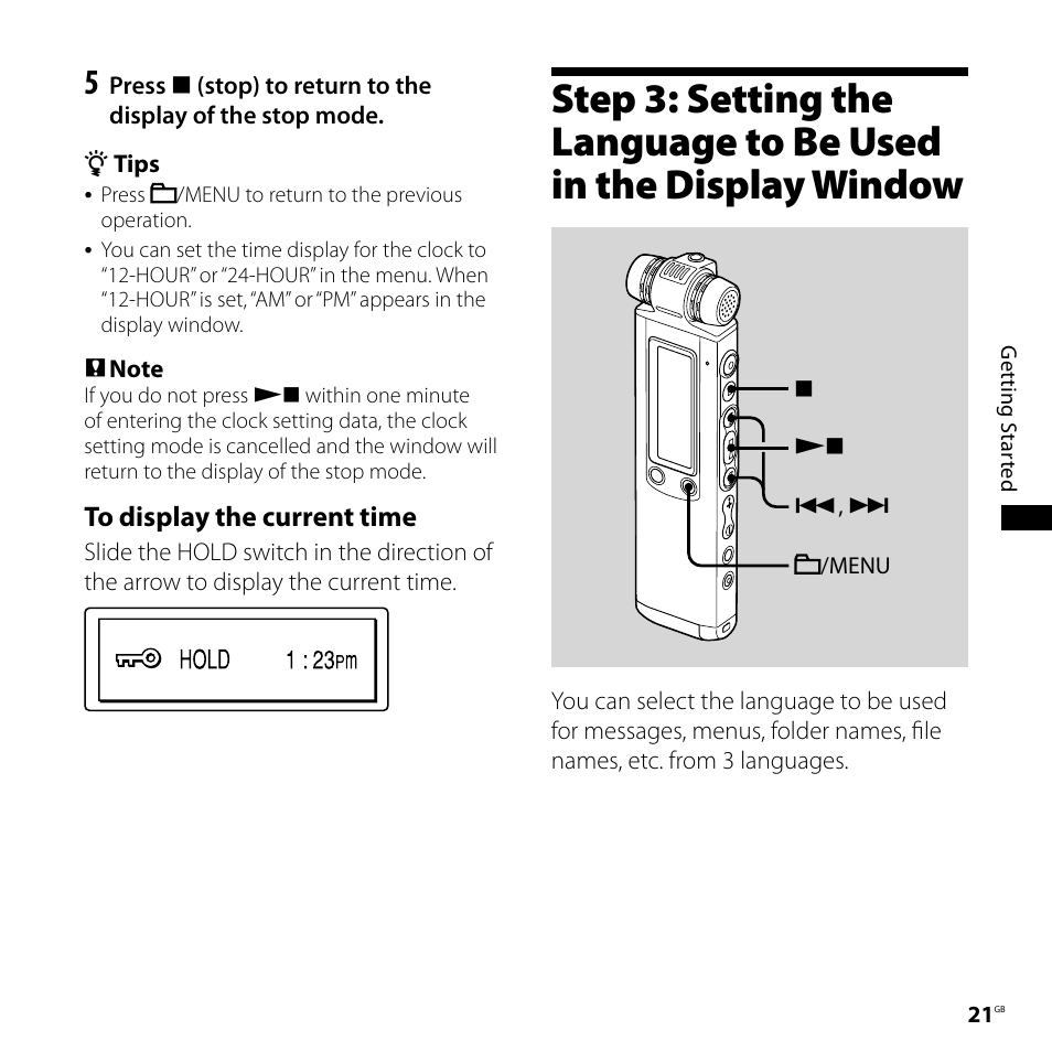 Step 3: setting the language to be, Used in the display window | Sony ICD-SX750 User Manual | Page 21 / 136