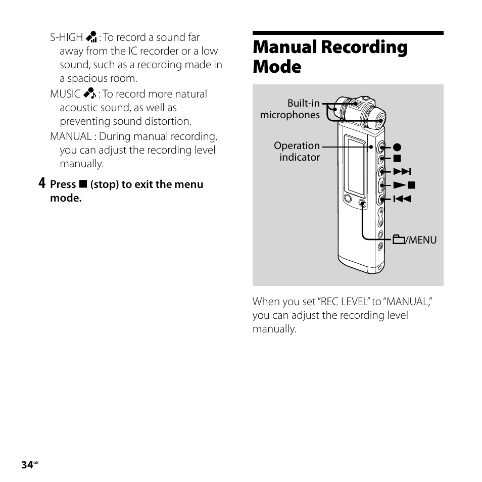 Manual recording mode | Sony ICD-SX750 User Manual | Page 34 / 136