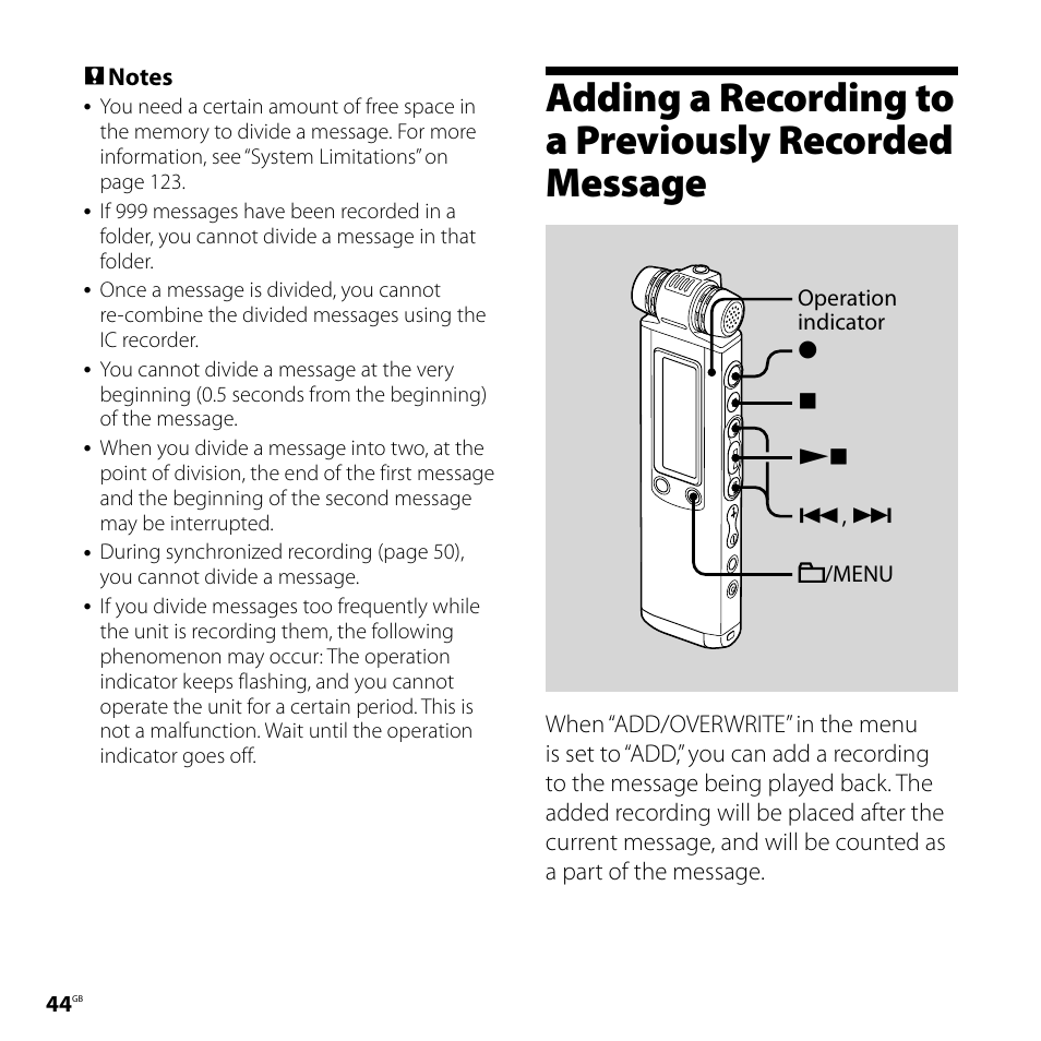 Adding a recording to a previously, Recorded message | Sony ICD-SX750 User Manual | Page 44 / 136