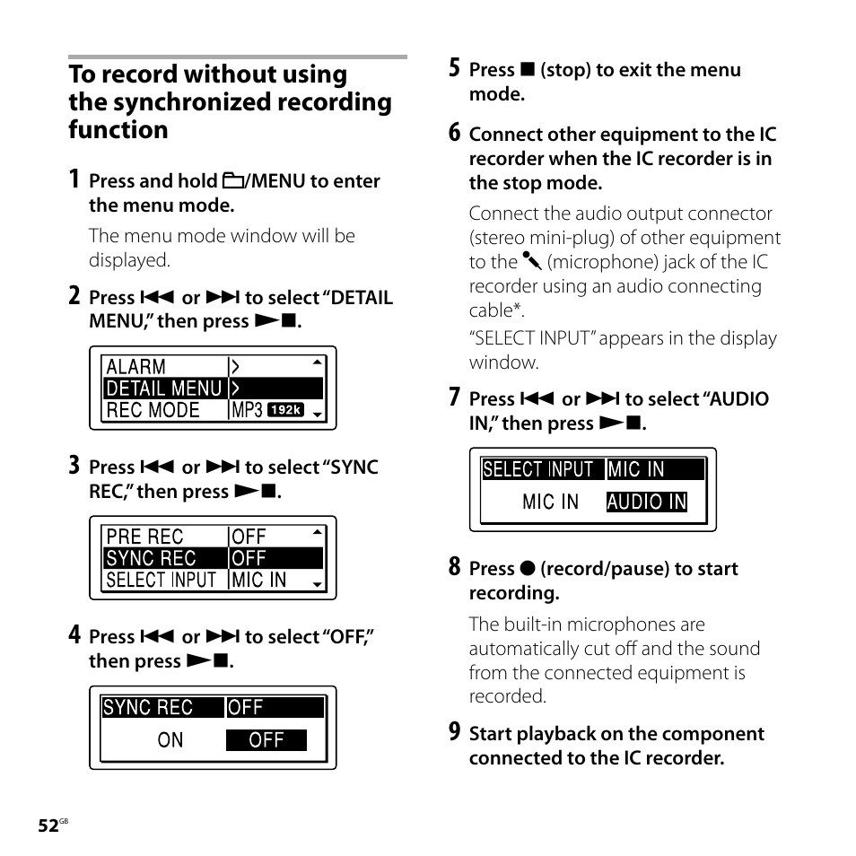 To record without using the, Synchronized recording function | Sony ICD-SX750 User Manual | Page 52 / 136