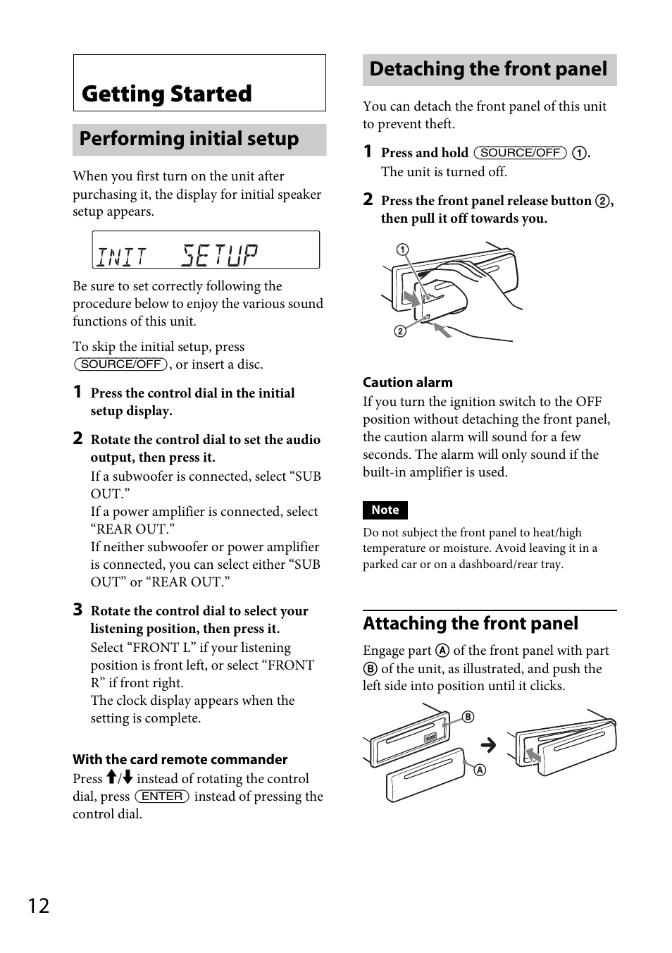 Getting started, Performing initial setup, Detaching the front panel | Performing initial setup detaching the front panel, Attaching the front panel | Sony MEX-DV1700U User Manual | Page 12 / 64