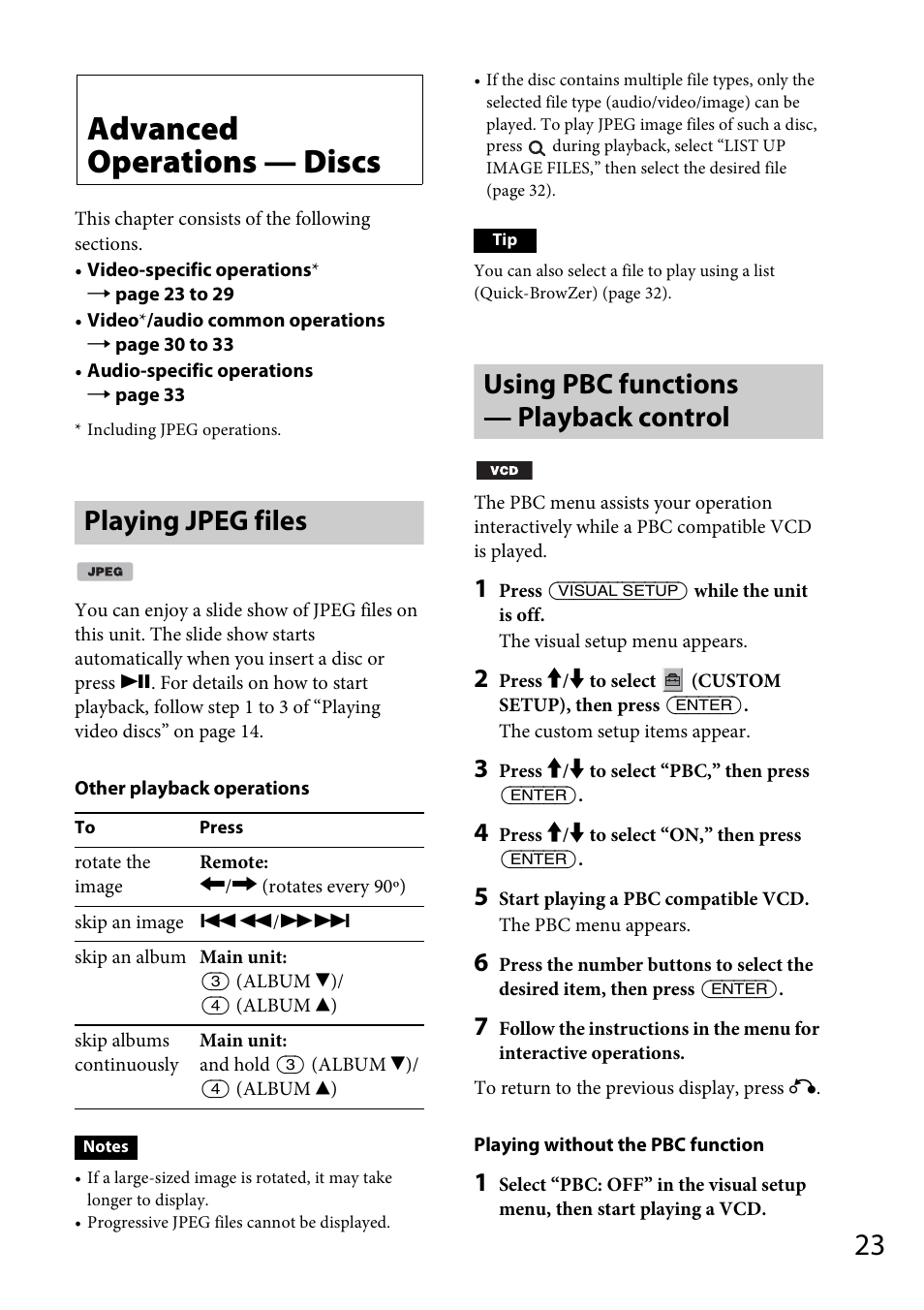 Advanced operations — discs, Playing jpeg files, Using pbc functions — playback control | Sony MEX-DV1700U User Manual | Page 23 / 64