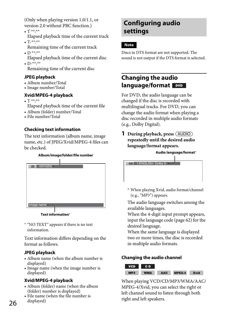 Configuring audio settings, Changing the audio language/format | Sony MEX-DV1700U User Manual | Page 26 / 64
