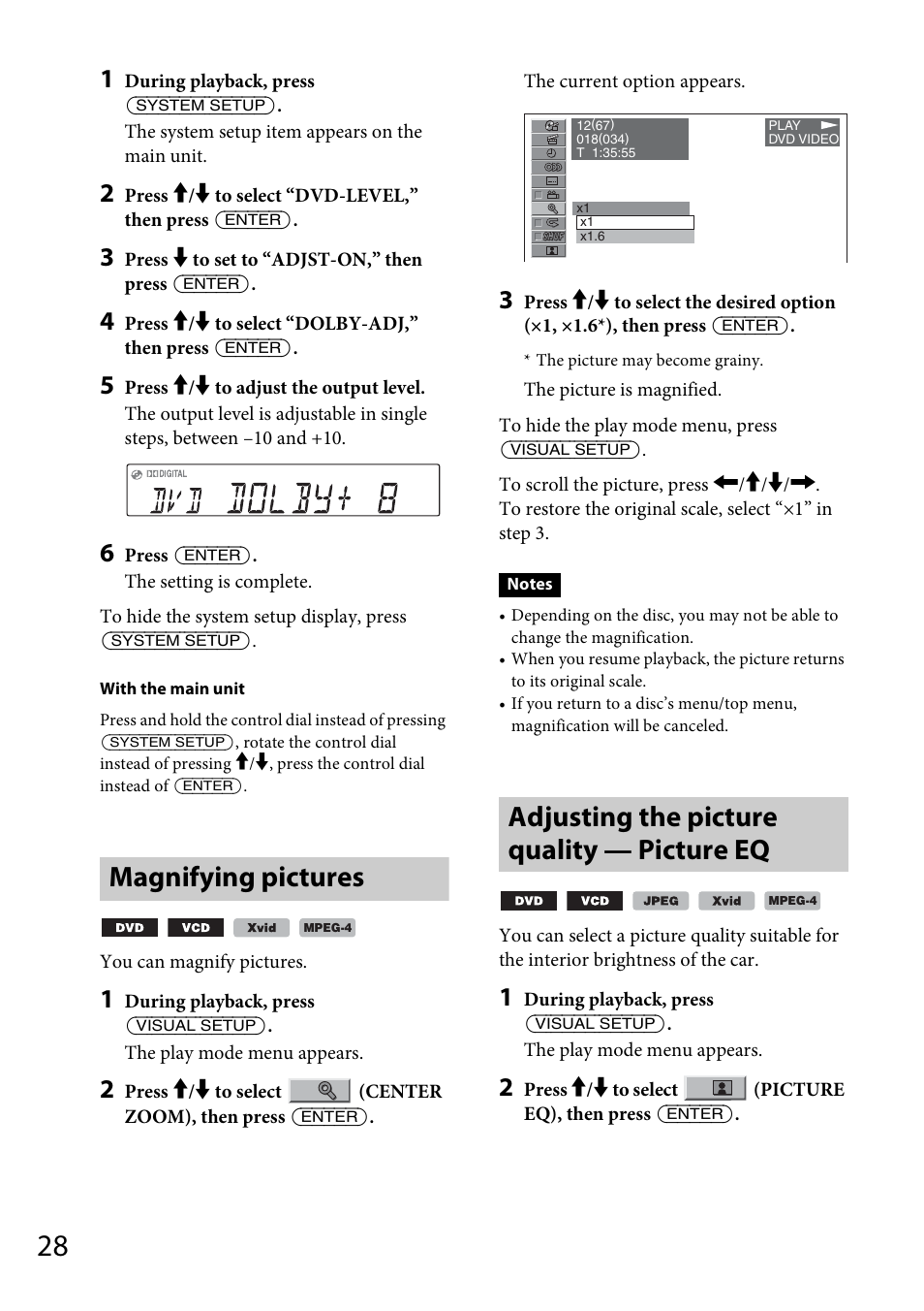Magnifying pictures, Adjusting the picture quality — picture eq | Sony MEX-DV1700U User Manual | Page 28 / 64