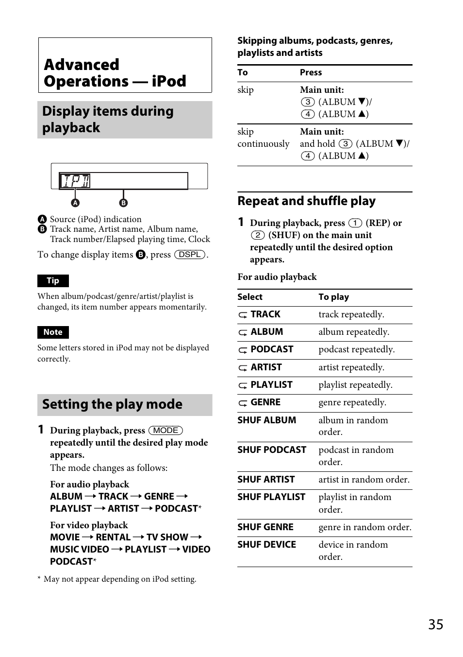 Advanced operations — ipod, Display items during playback, Setting the play mode | Repeat and shuffle play 1 | Sony MEX-DV1700U User Manual | Page 35 / 64