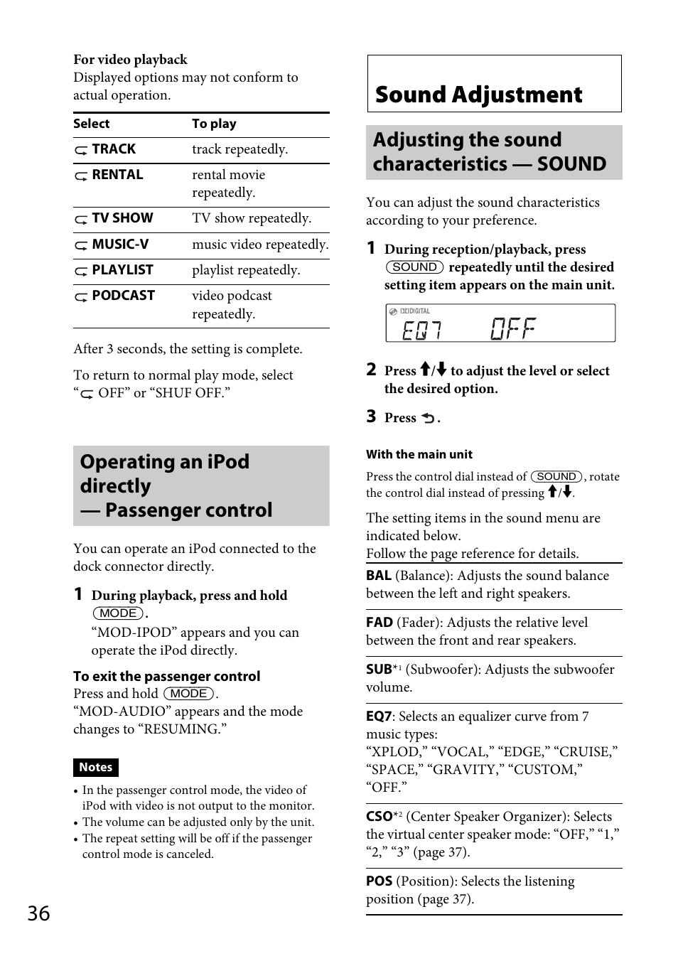 Operating an ipod directly — passenger control, Sound adjustment, Adjusting the sound characteristics — sound | Sony MEX-DV1700U User Manual | Page 36 / 64