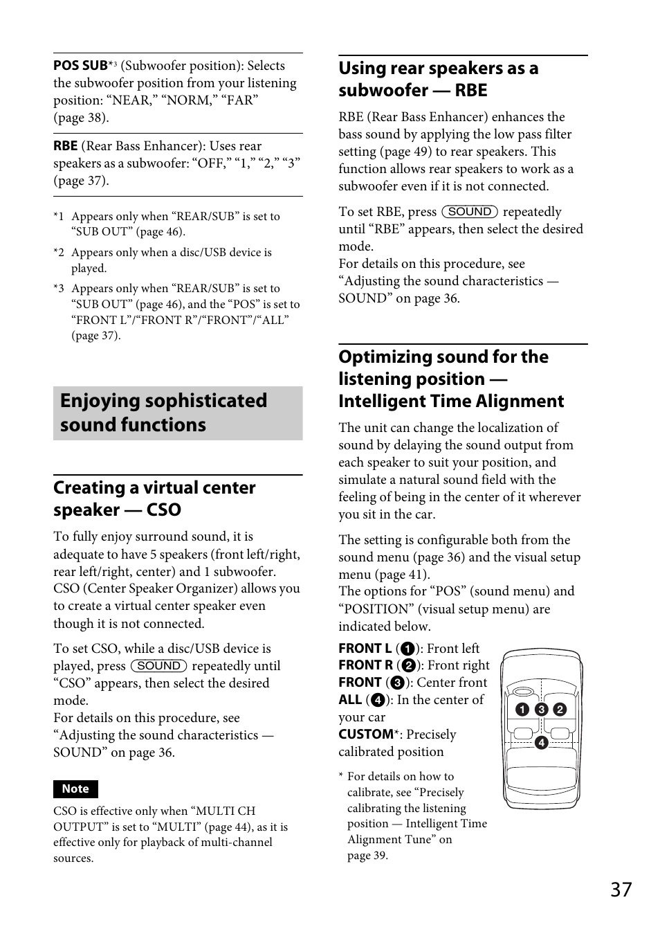 Enjoying sophisticated sound functions, Creating a virtual center speaker — cso, Using rear speakers as a subwoofer — rbe | Sony MEX-DV1700U User Manual | Page 37 / 64