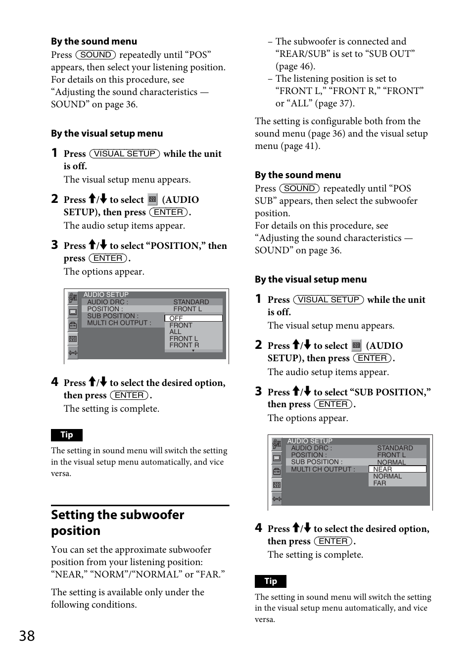 Setting the subwoofer position | Sony MEX-DV1700U User Manual | Page 38 / 64
