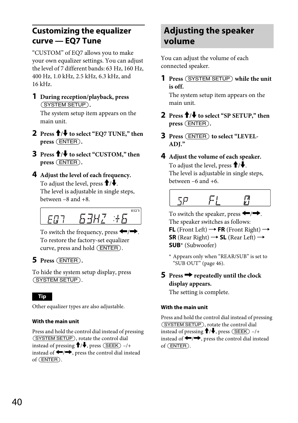 Adjusting the speaker volume, Customizing the equalizer curve — eq7 tune | Sony MEX-DV1700U User Manual | Page 40 / 64