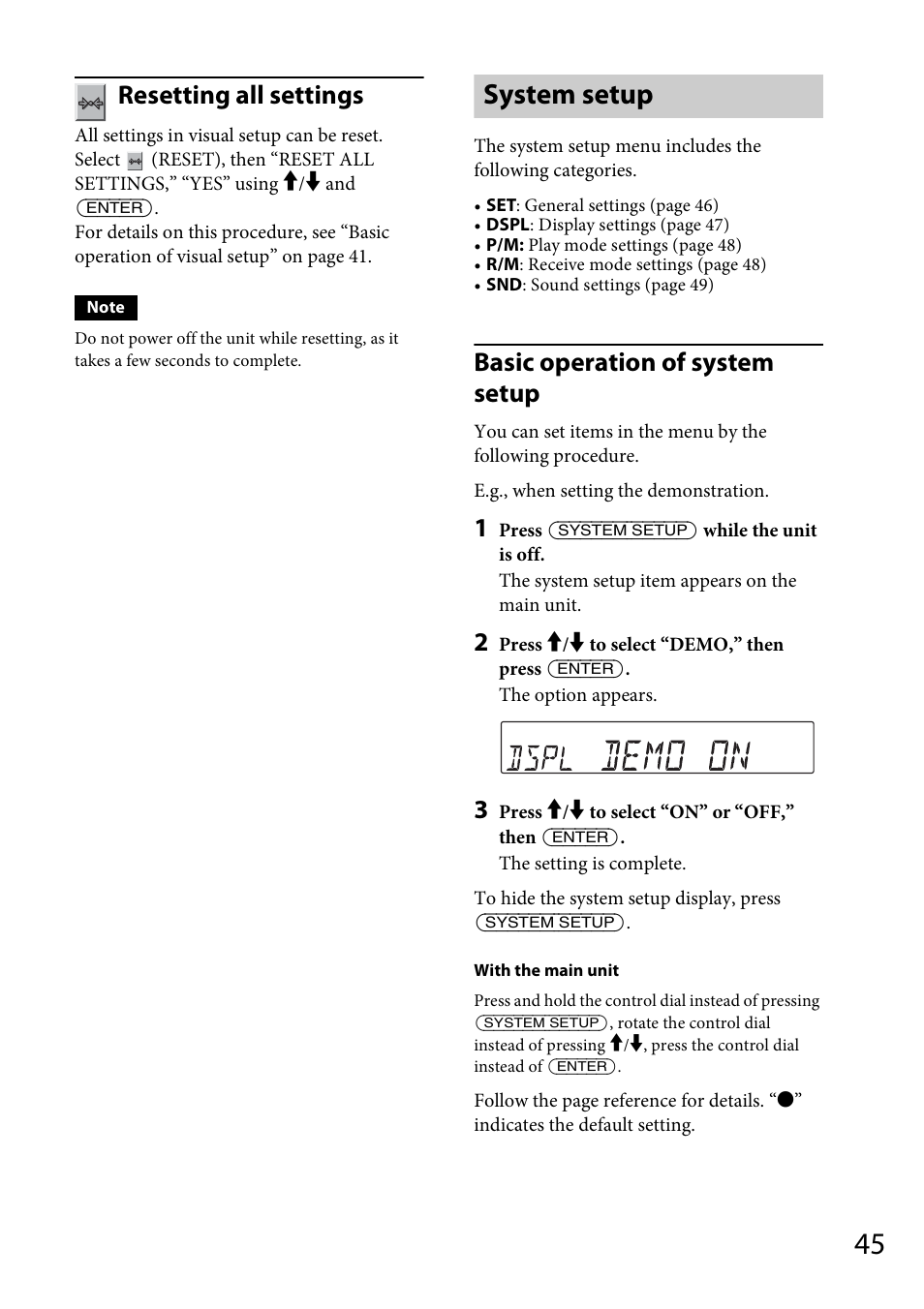 System setup, All setting item, Resetting all settings | Basic operation of system setup | Sony MEX-DV1700U User Manual | Page 45 / 64