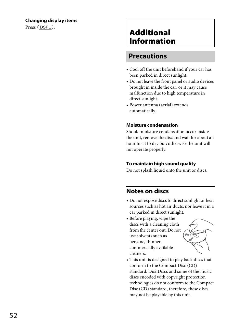 Additional information, Precautions | Sony MEX-DV1700U User Manual | Page 52 / 64