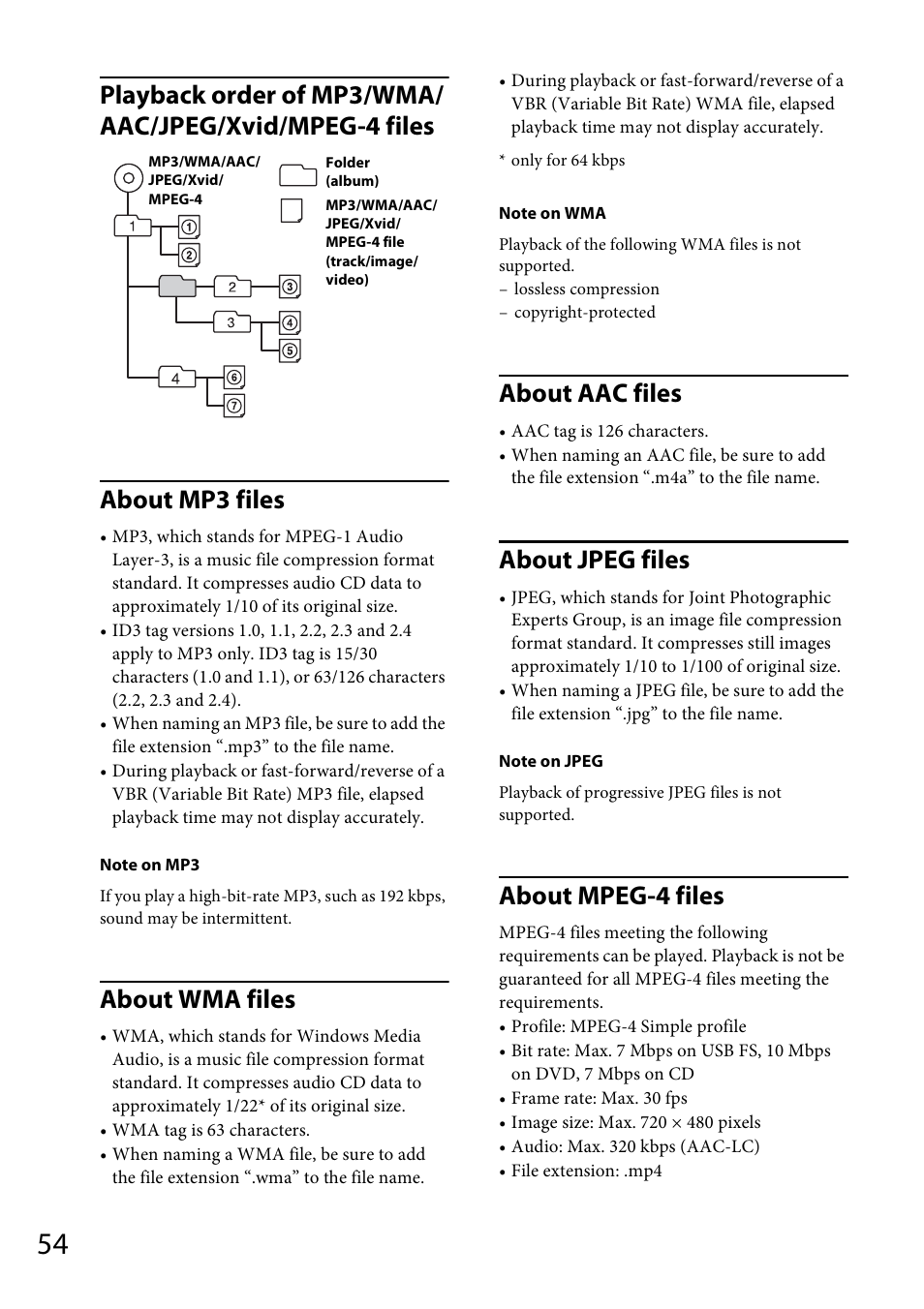 About wma files, About aac files, About jpeg files | About mpeg-4 files | Sony MEX-DV1700U User Manual | Page 54 / 64