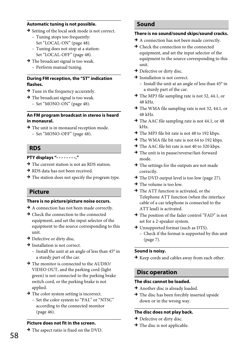 Picture, Sound, Disc operation | Sony MEX-DV1700U User Manual | Page 58 / 64