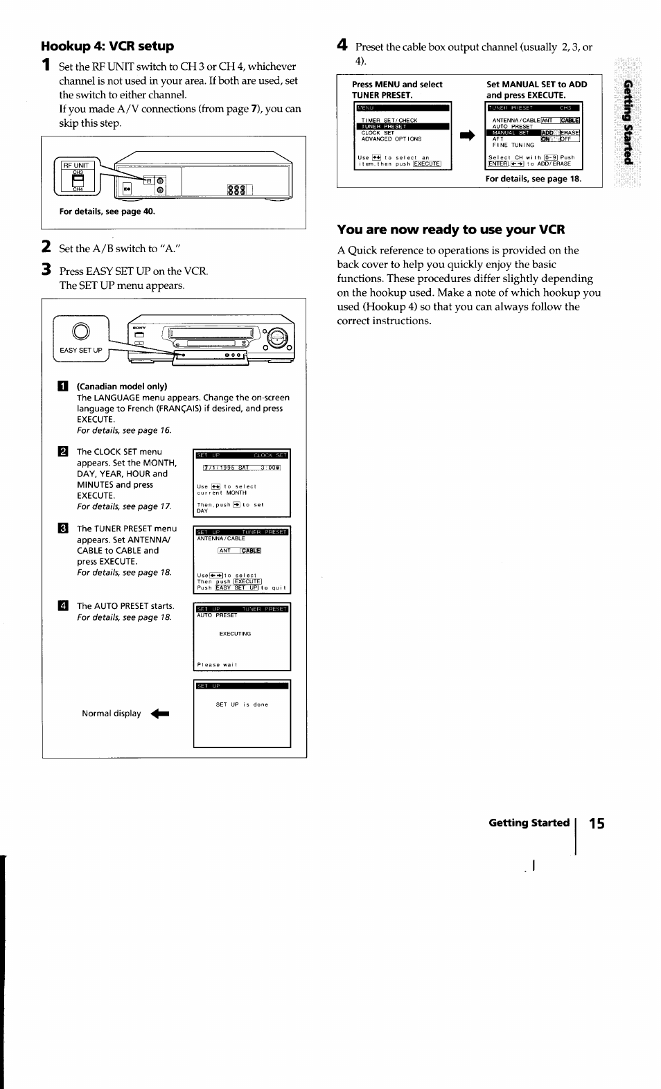 Hookup 4: vcr setup, You are now ready to use your vcr, You can skip this step | Set the a/b switch to "a, Easyzsetzqp | Sony SLV-640HF User Manual | Page 15 / 47