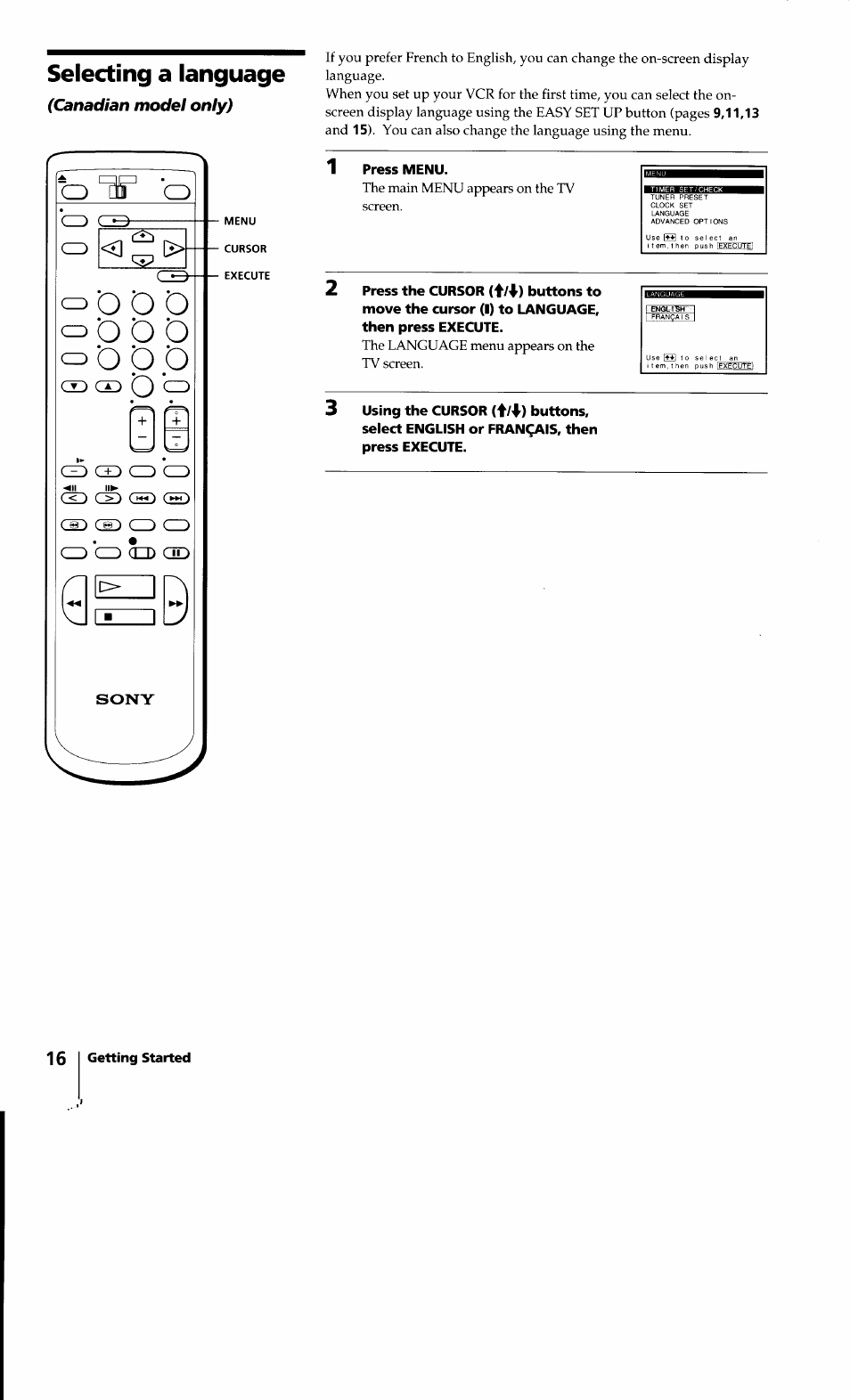 1 press menu, Selecting a language, Canadian model only) | Sony SLV-640HF User Manual | Page 16 / 47