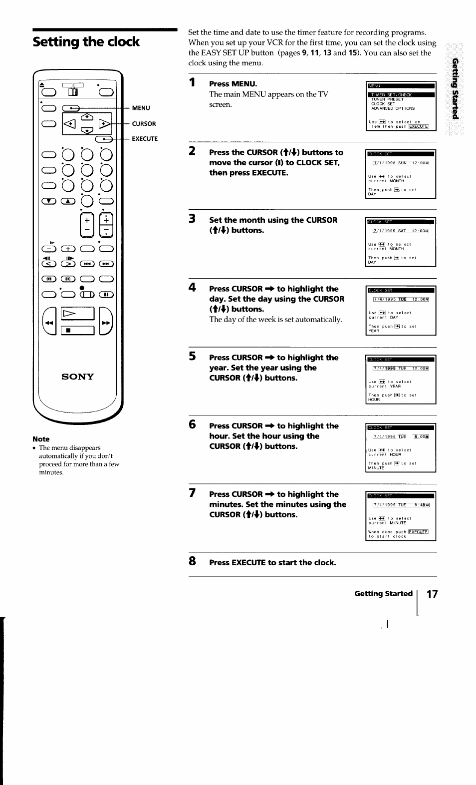 Setting the clock, The main menu appears on the tv screen, The day of the week is set automatically | I ■»'»i, Use |^»♦| to select, I l ^ ), Press menu, Press the cursor, Buttons | Sony SLV-640HF User Manual | Page 17 / 47