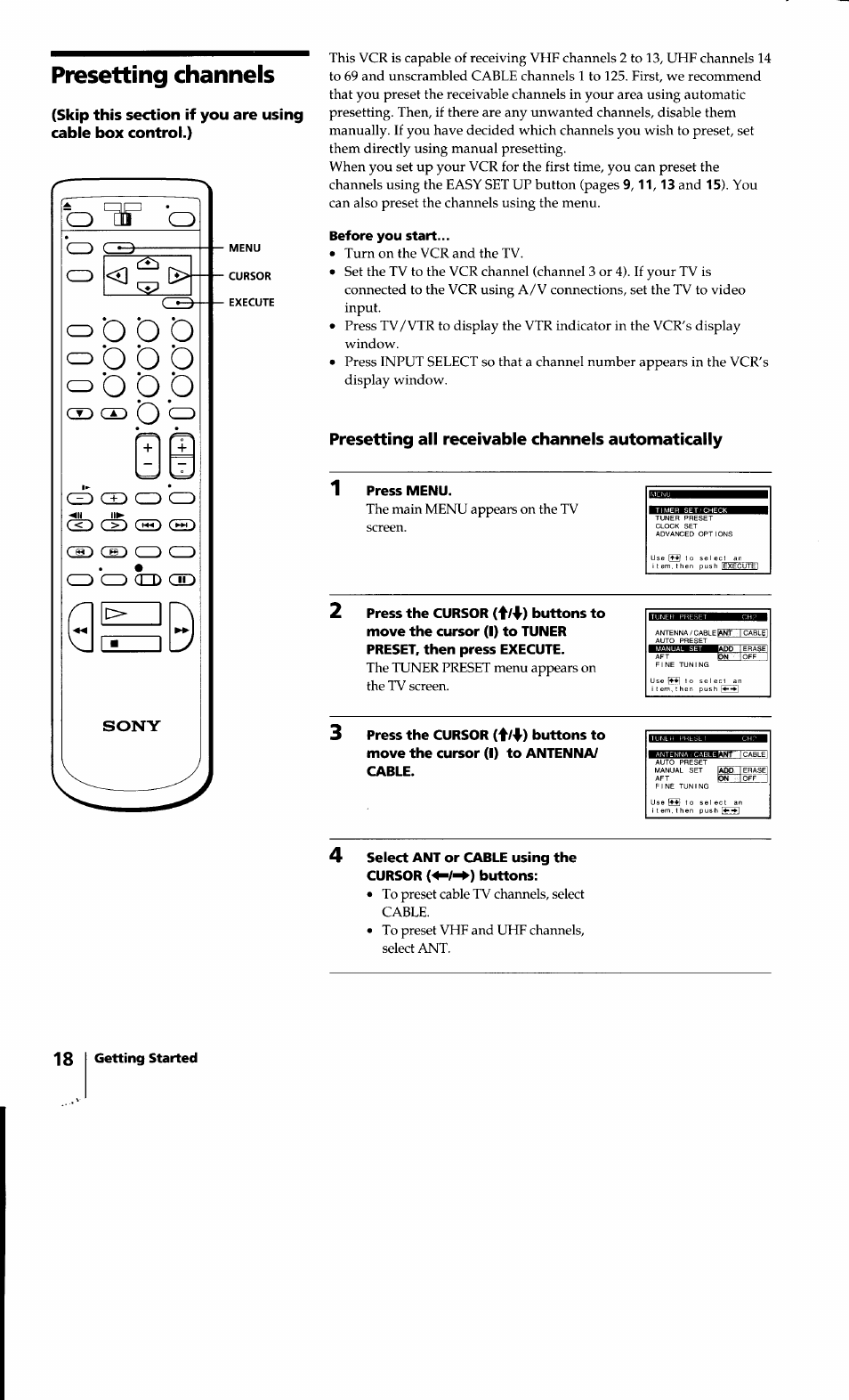 Presetting all receivable channels automatically, Presetting channels | Sony SLV-640HF User Manual | Page 18 / 47
