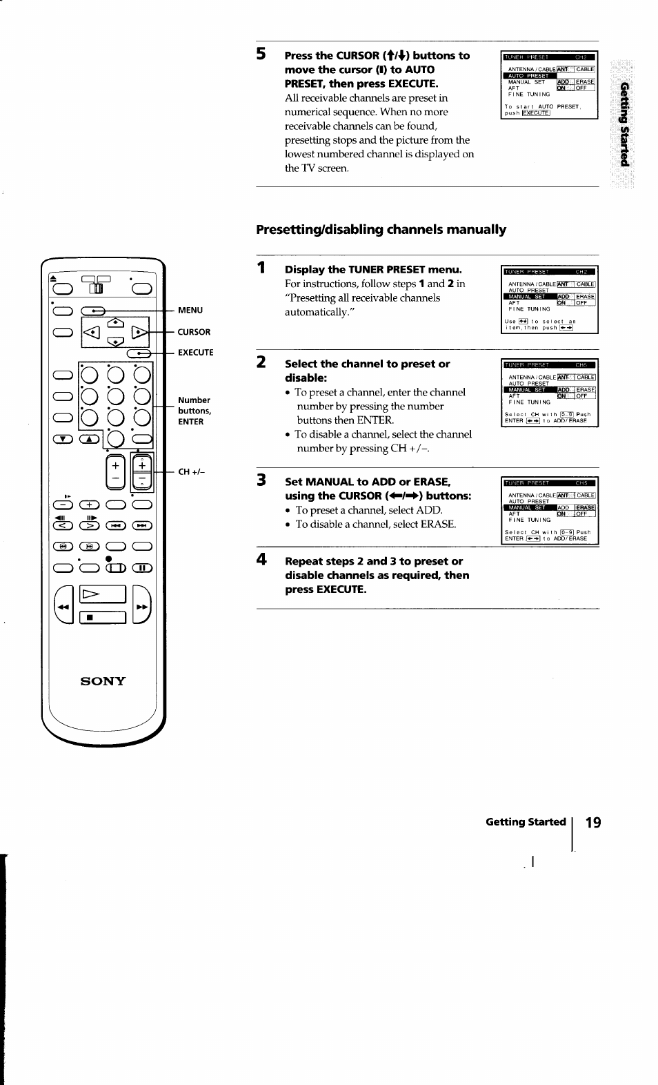 Presetting/disabling channels manually, F l \ ), For instructions, follow steps | Press the cursor, Display the tuner preset menu, Select the channel to preset or disable, Set manual to add or erase, using the cursor, Buttons, Getting started 19 | Sony SLV-640HF User Manual | Page 19 / 47