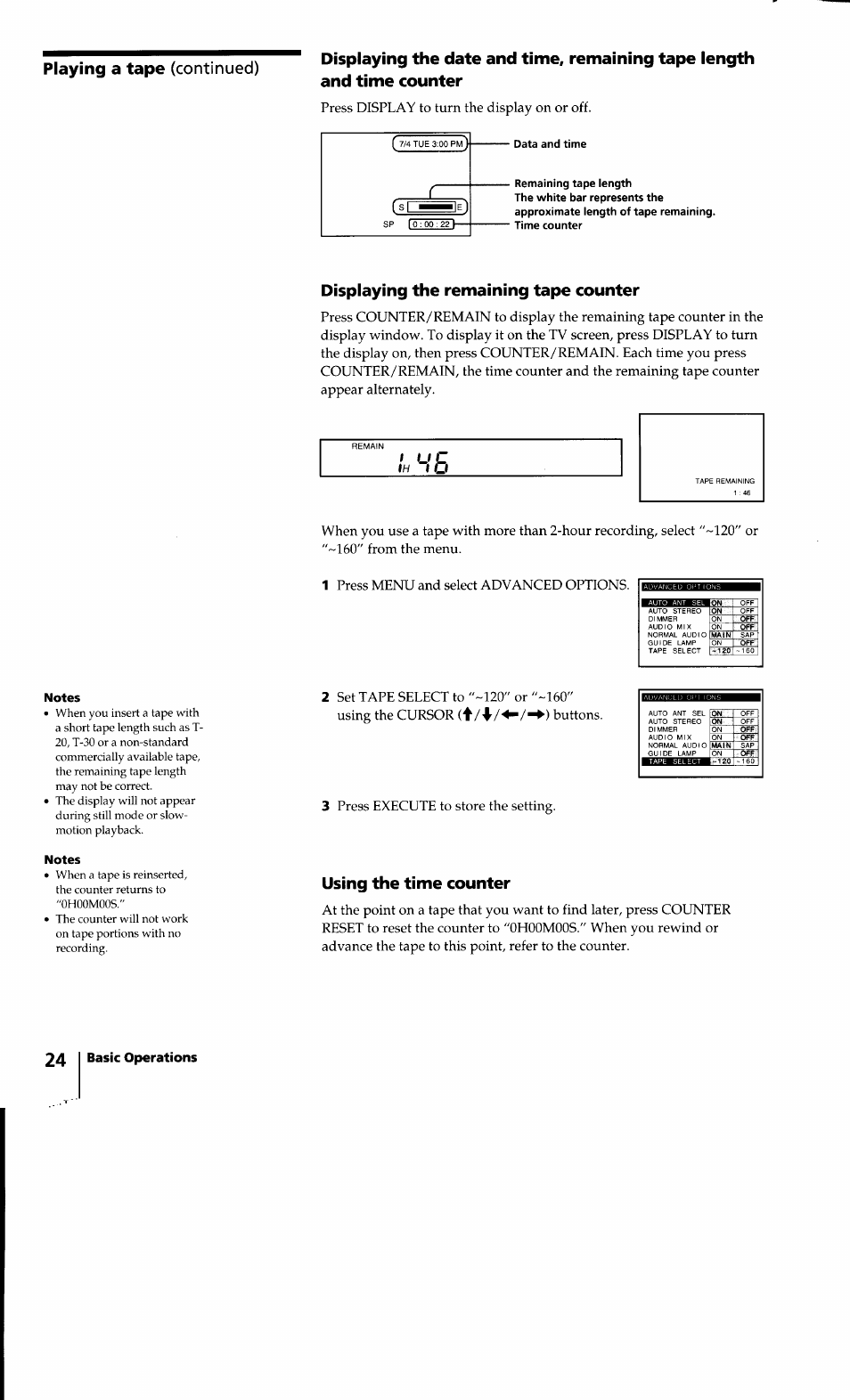 Displaying the remaining tape counter, Using the time counter | Sony SLV-640HF User Manual | Page 24 / 47