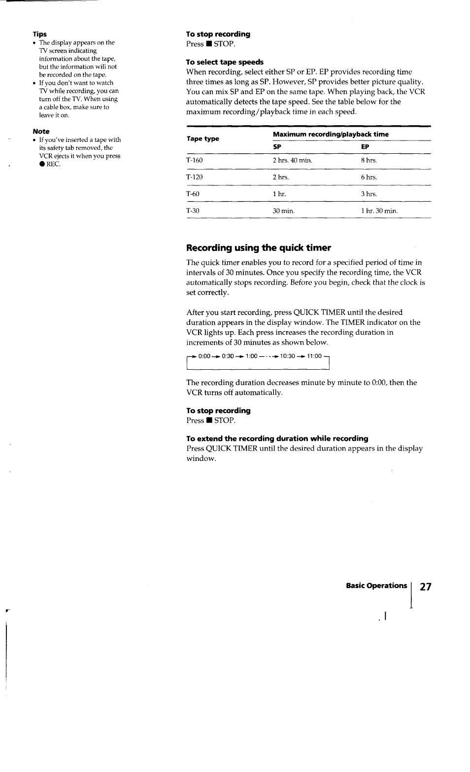 To stop recording, To select tape speeds, Recording using the quick timer | To extend the recording duration while recording | Sony SLV-640HF User Manual | Page 27 / 47