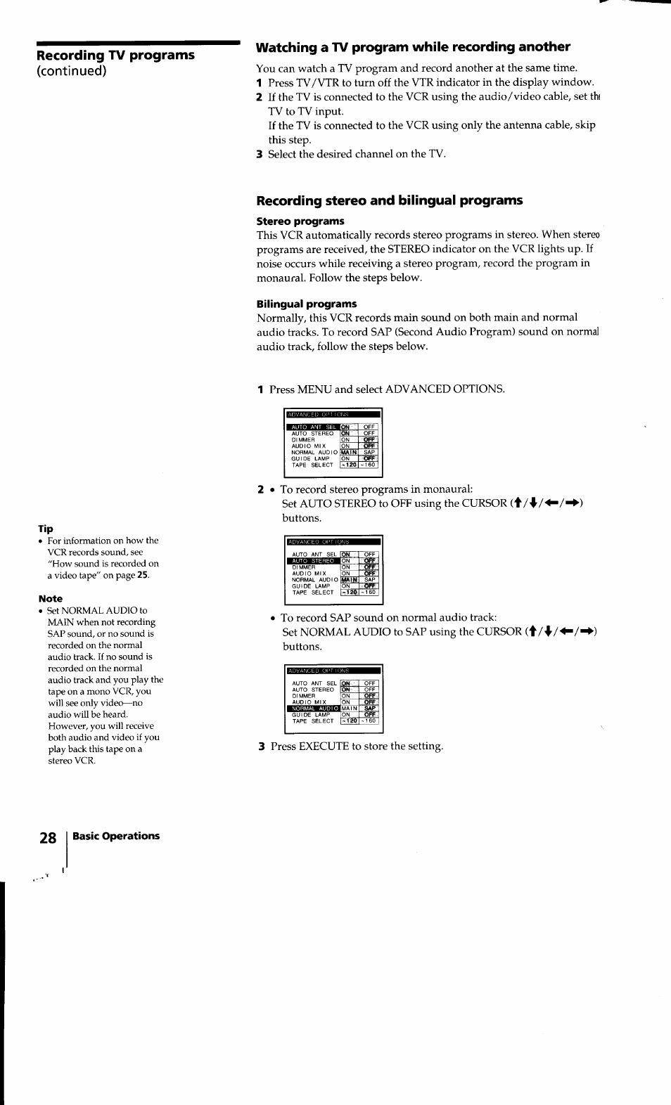 Watching a tv program while recording another, Recording stereo and bilingual programs, Stereo programs | Bilingual programs, Select the desired channel on the tv, Press menu and select advanced options, Press execute to store the setting, 28 basic operations | Sony SLV-640HF User Manual | Page 28 / 47