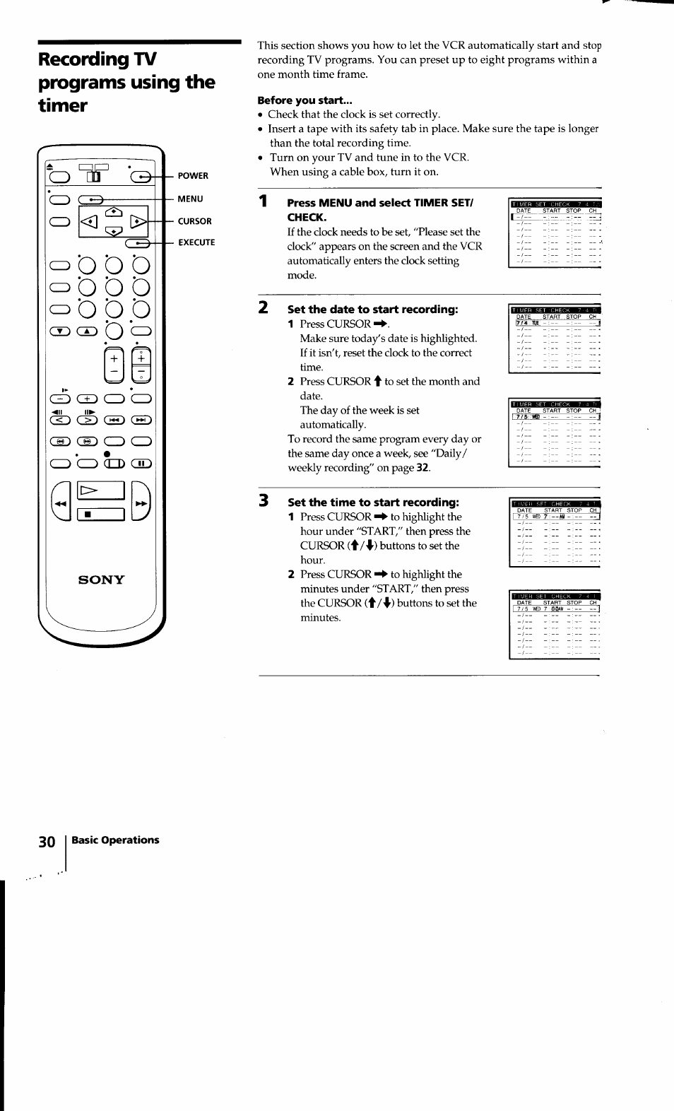 Before you start, Press menu and select timer set/ check, 2 set the date to start recording | 3 set the time to start recording, Recording tv programs using the timer | Sony SLV-640HF User Manual | Page 30 / 47