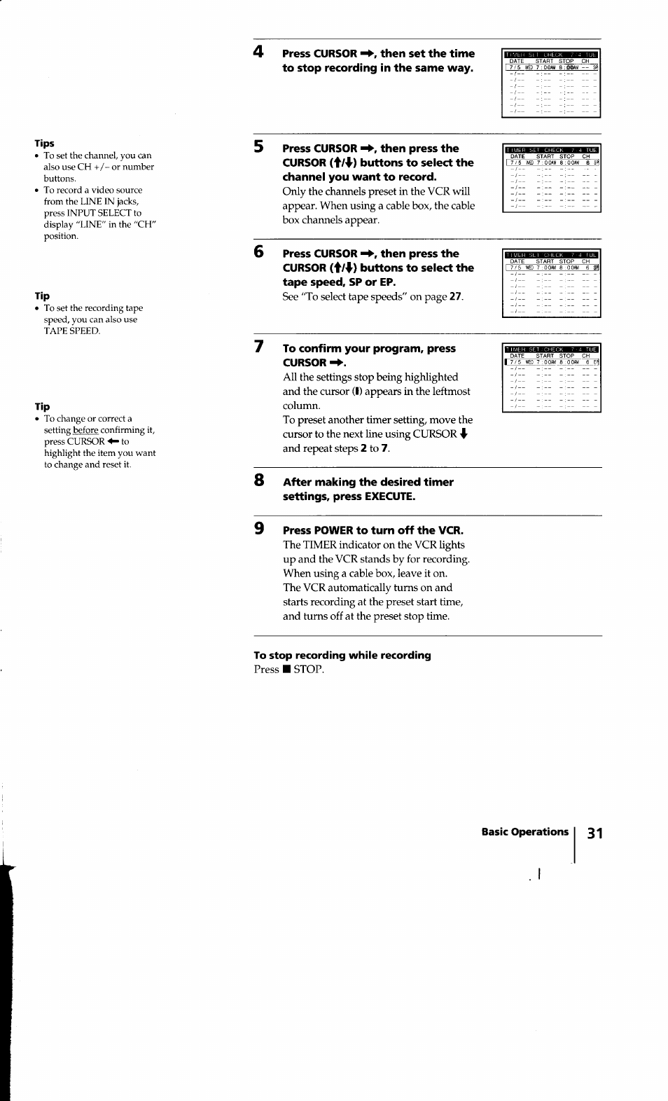 See "to select tape speeds" on page, Press ■ stop, Basic operations 3 1 | Sony SLV-640HF User Manual | Page 31 / 47