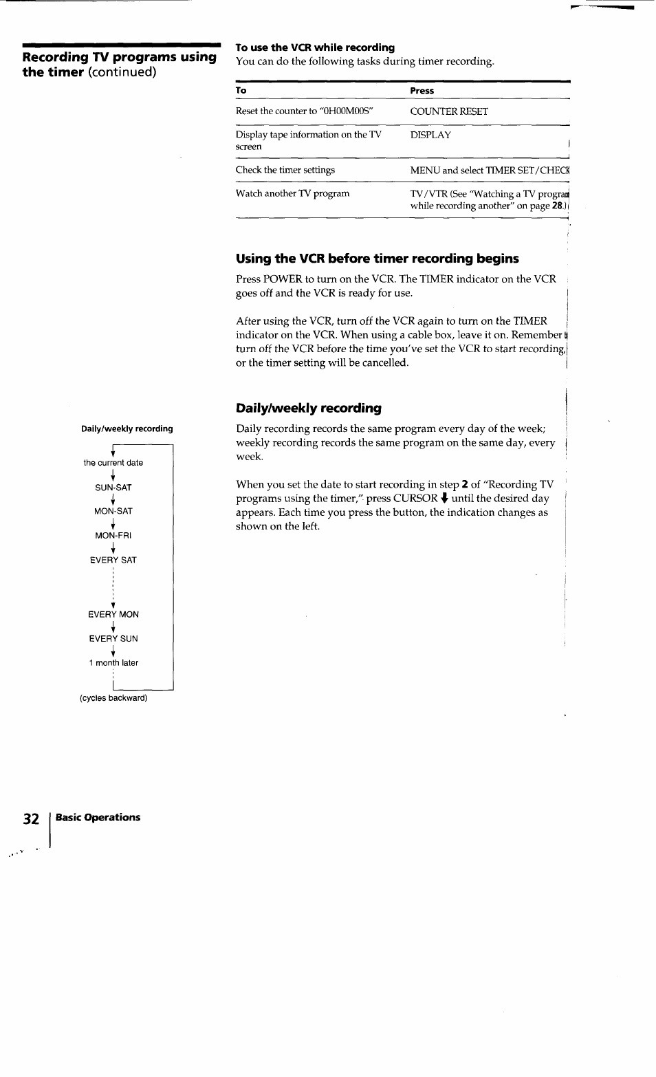 Recording tv programs using the timer (continued), To use the vcr while recording, Using the vcr before timer recording begins | Daily/weekly recording, Recording tv programs using the timer | Sony SLV-640HF User Manual | Page 32 / 47