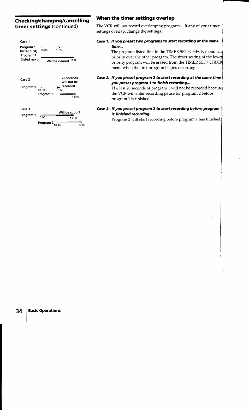 When the timer settings overlap, Checking/changing/cancelling timer settings, Continued) | Sony SLV-640HF User Manual | Page 34 / 47