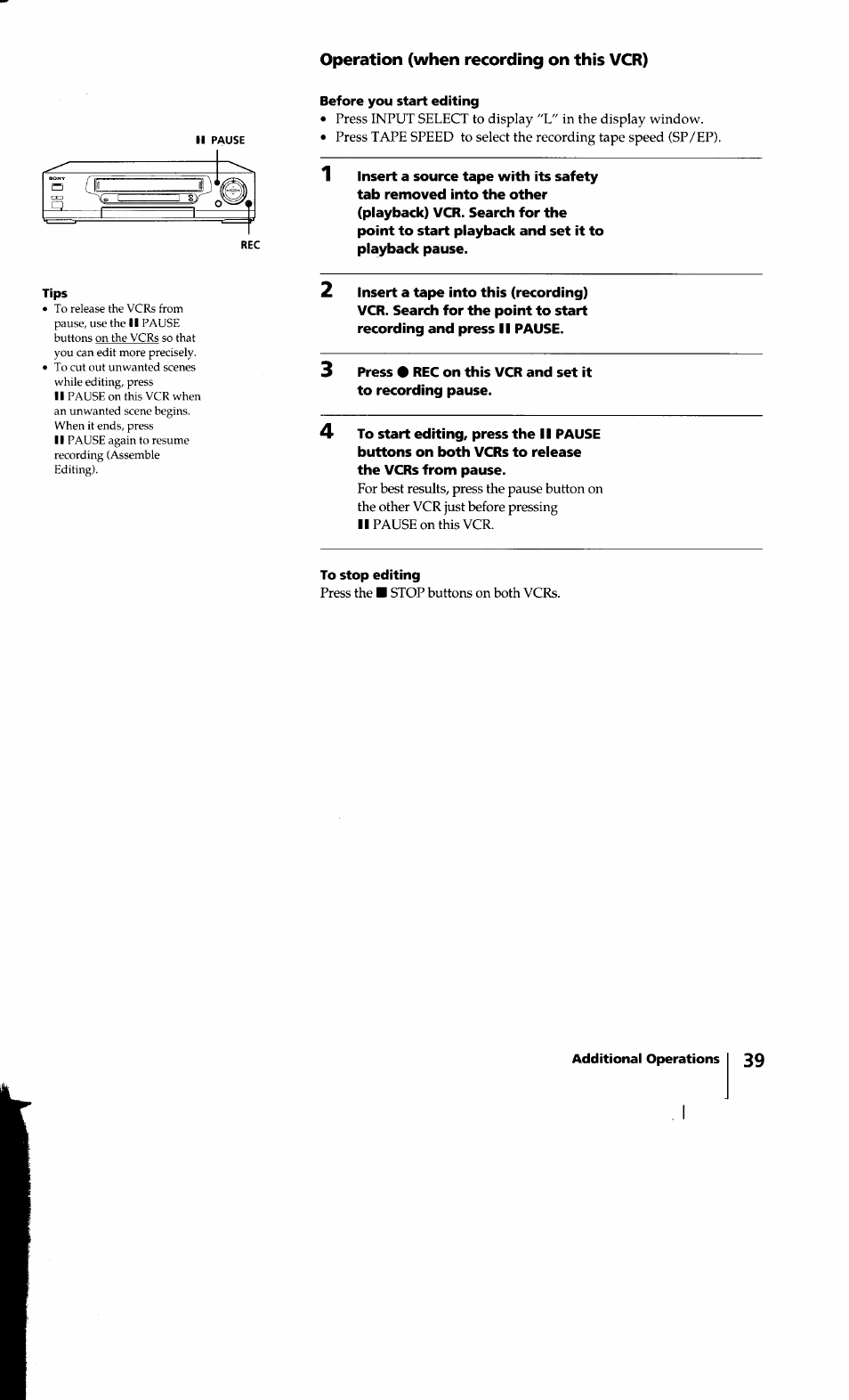 Operation (when recording on this vcr) | Sony SLV-640HF User Manual | Page 39 / 47