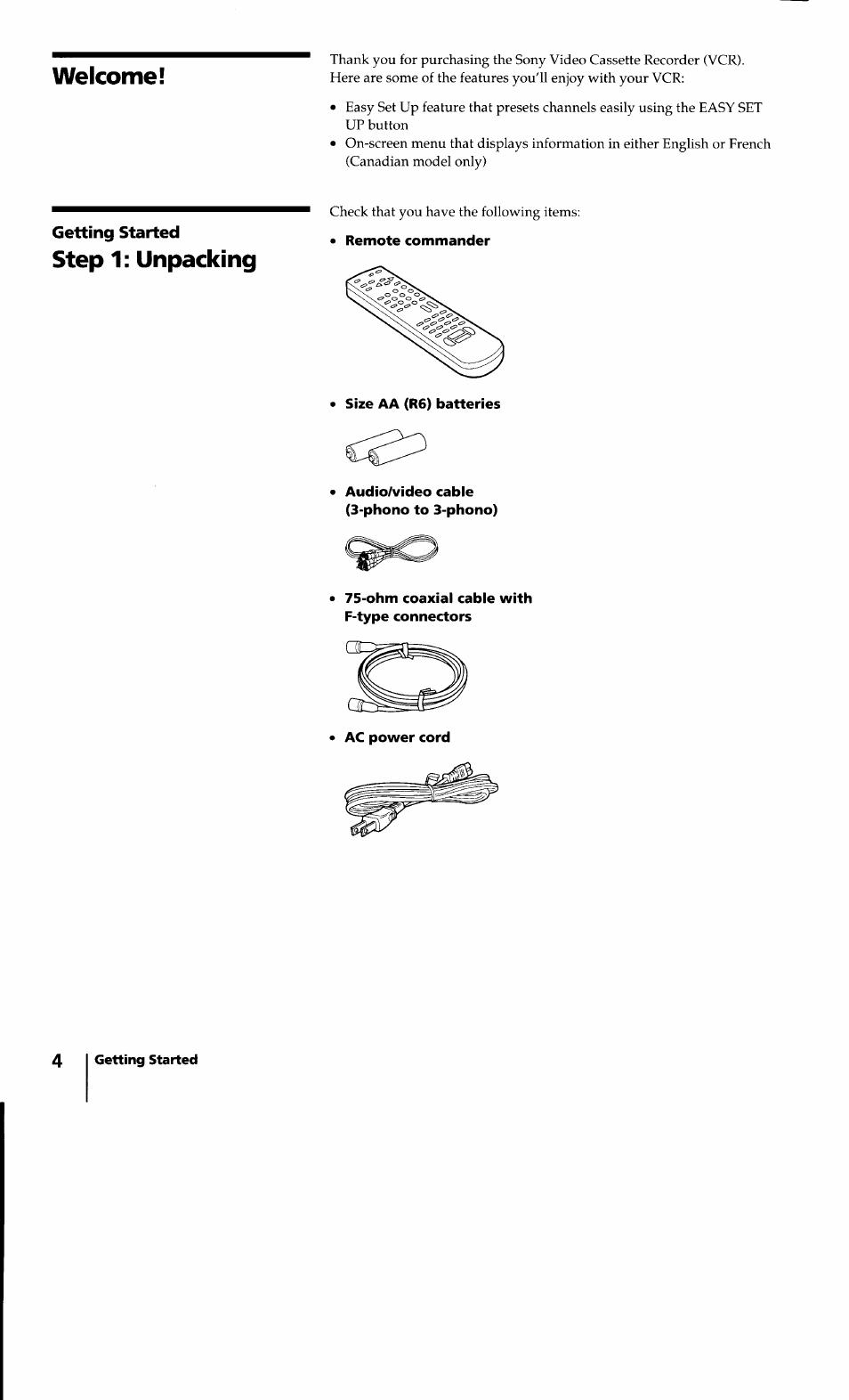 Getting started, Size aa (r6) batteries, Audio/video cable (3-phono to 3-phono) | Ohm coaxial cable with f-type connectors, Welcome, Step 1; unpacking | Sony SLV-640HF User Manual | Page 4 / 47