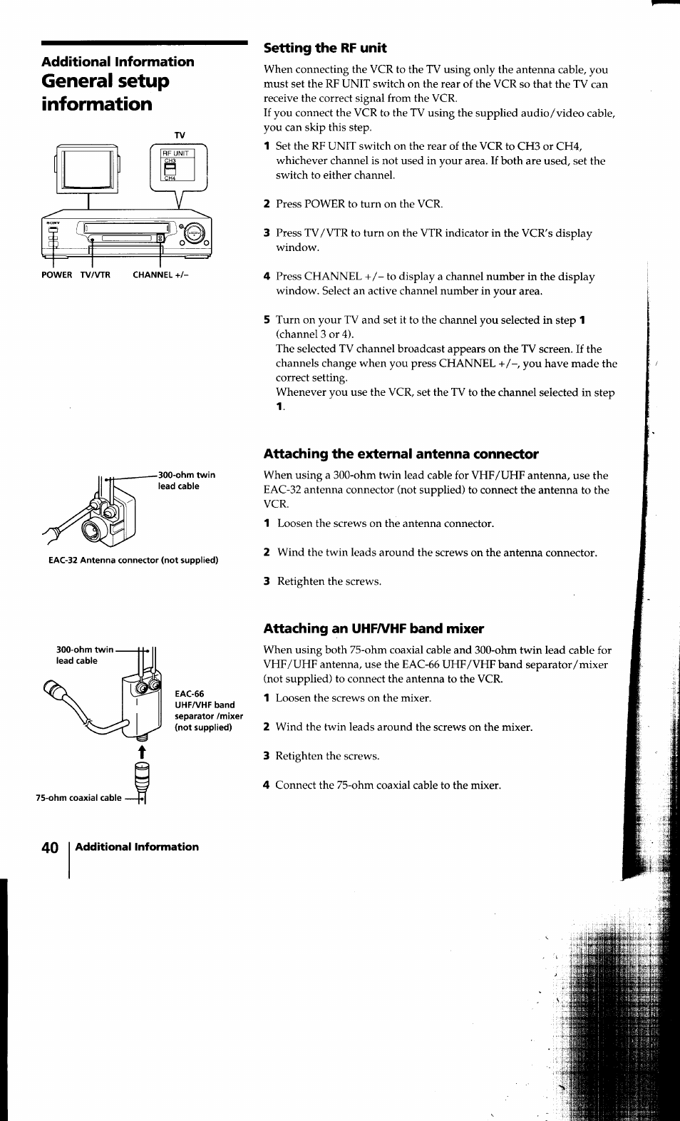 Additional information, Setting the rf unit, Attaching the external antenna connector | 40 additional information, Attaching an uhfa/hf band mixer, General setup information | Sony SLV-640HF User Manual | Page 40 / 47