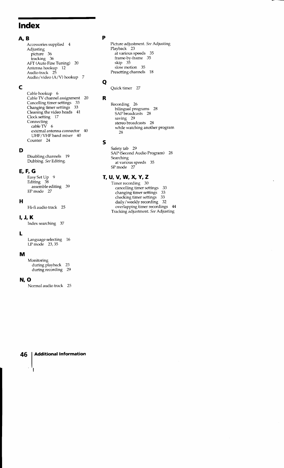Index | Sony SLV-640HF User Manual | Page 46 / 47