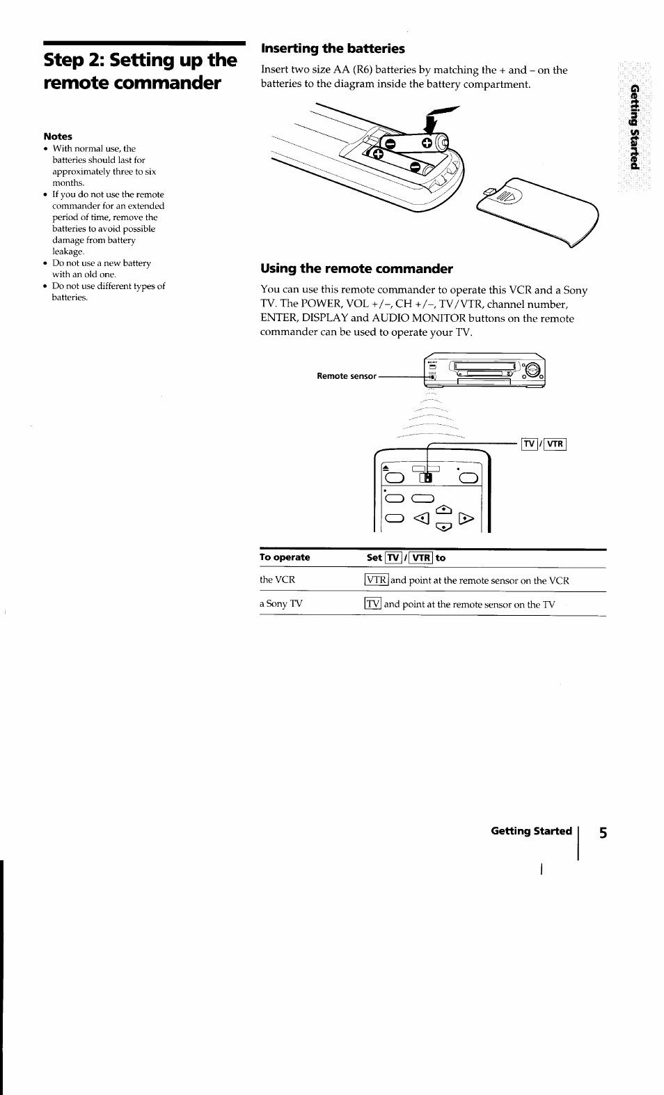 Notes, Inserting the batteries, Using the remote commander | Step 2: setting up the remote commander | Sony SLV-640HF User Manual | Page 5 / 47