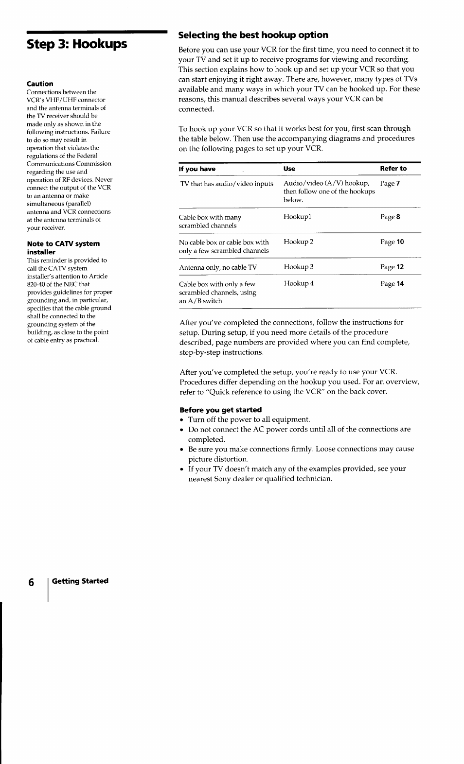 Selecting the best hookup option, Before you get started, Hookups | Step 3 | Sony SLV-640HF User Manual | Page 6 / 47
