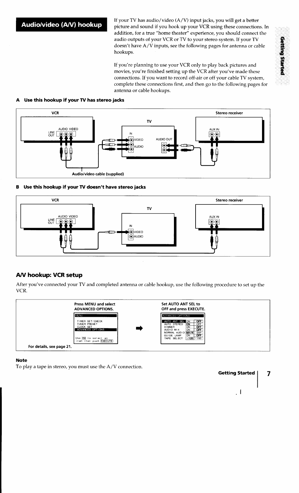 Aa/ hookup: vcr setup, Note | Sony SLV-640HF User Manual | Page 7 / 47