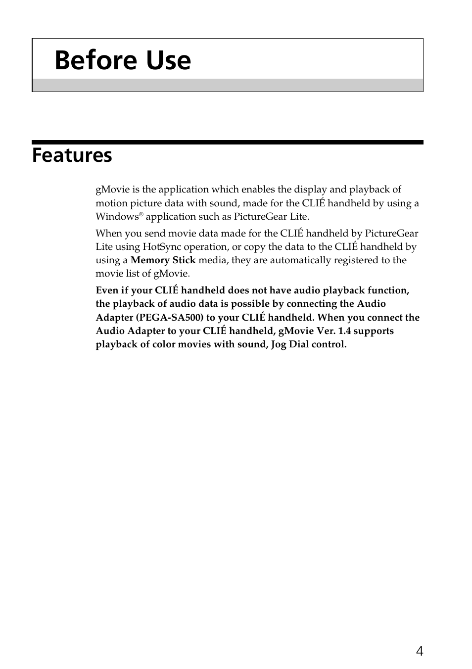 Before use, Features | Sony PEGA-SA500 User Manual | Page 4 / 17
