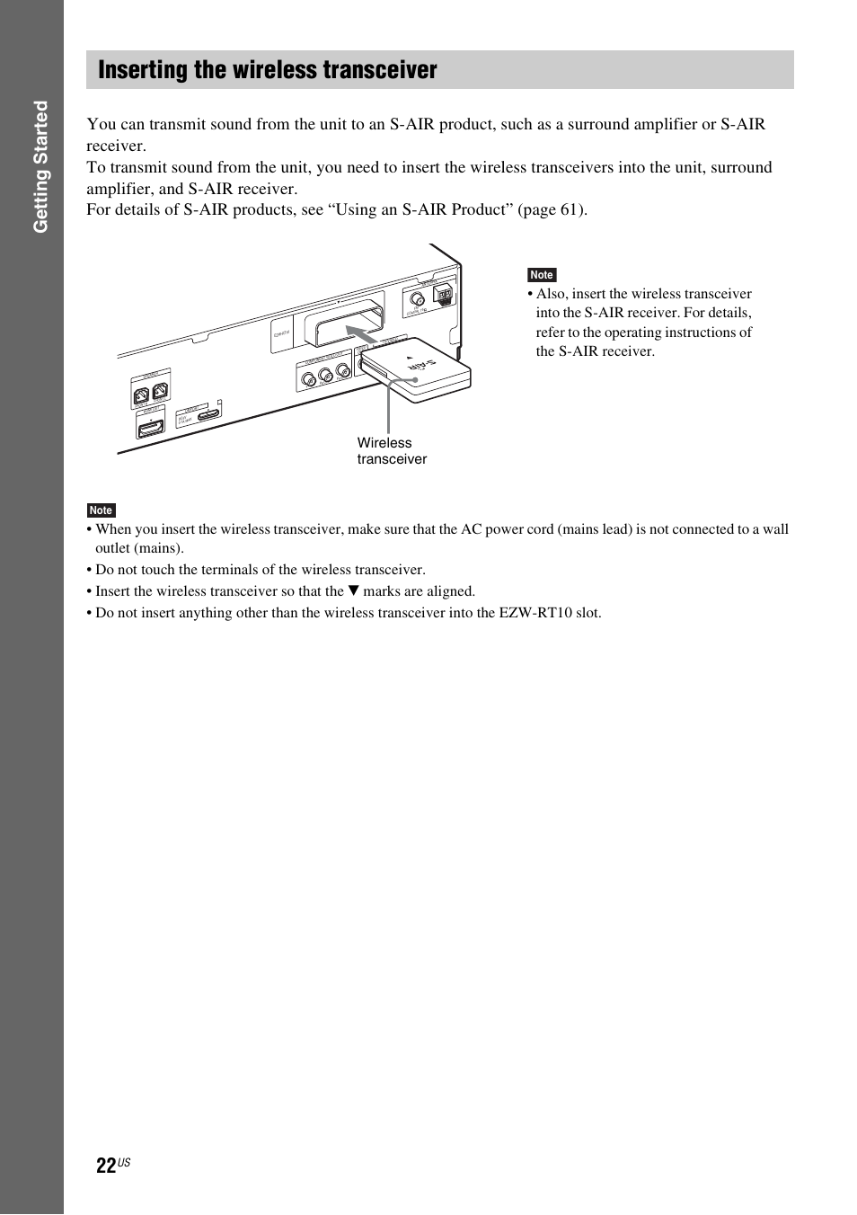 Inserting the wireless transceiver, Gettin g star ted, Wireless transceiver | Sony DAV-HDX287WC User Manual | Page 22 / 100