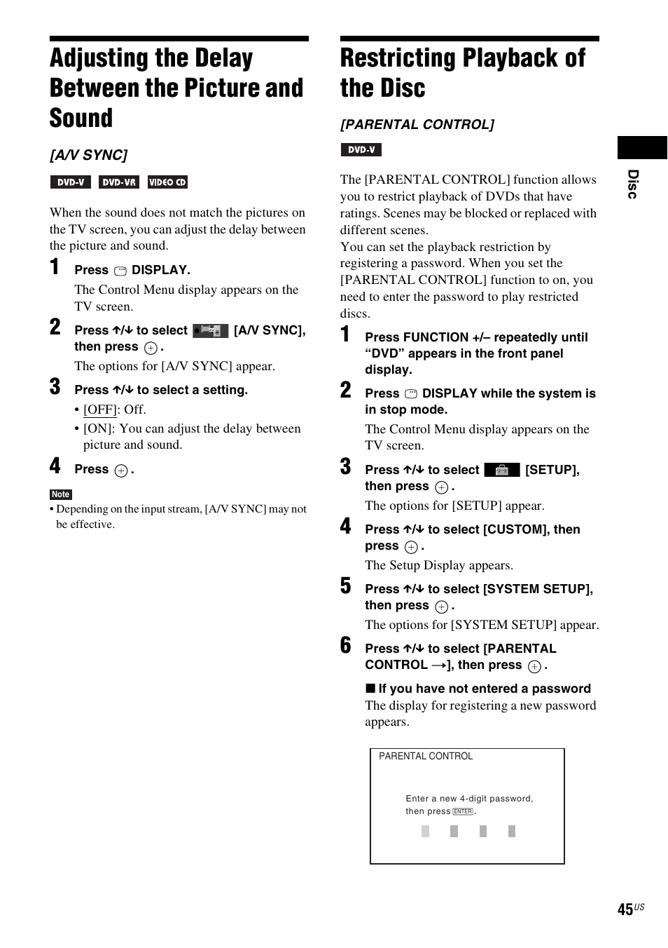 Adjusting the delay between the picture and sound, Restricting playback of the disc, Adjusting the delay between the picture | And sound | Sony DAV-HDX287WC User Manual | Page 45 / 100