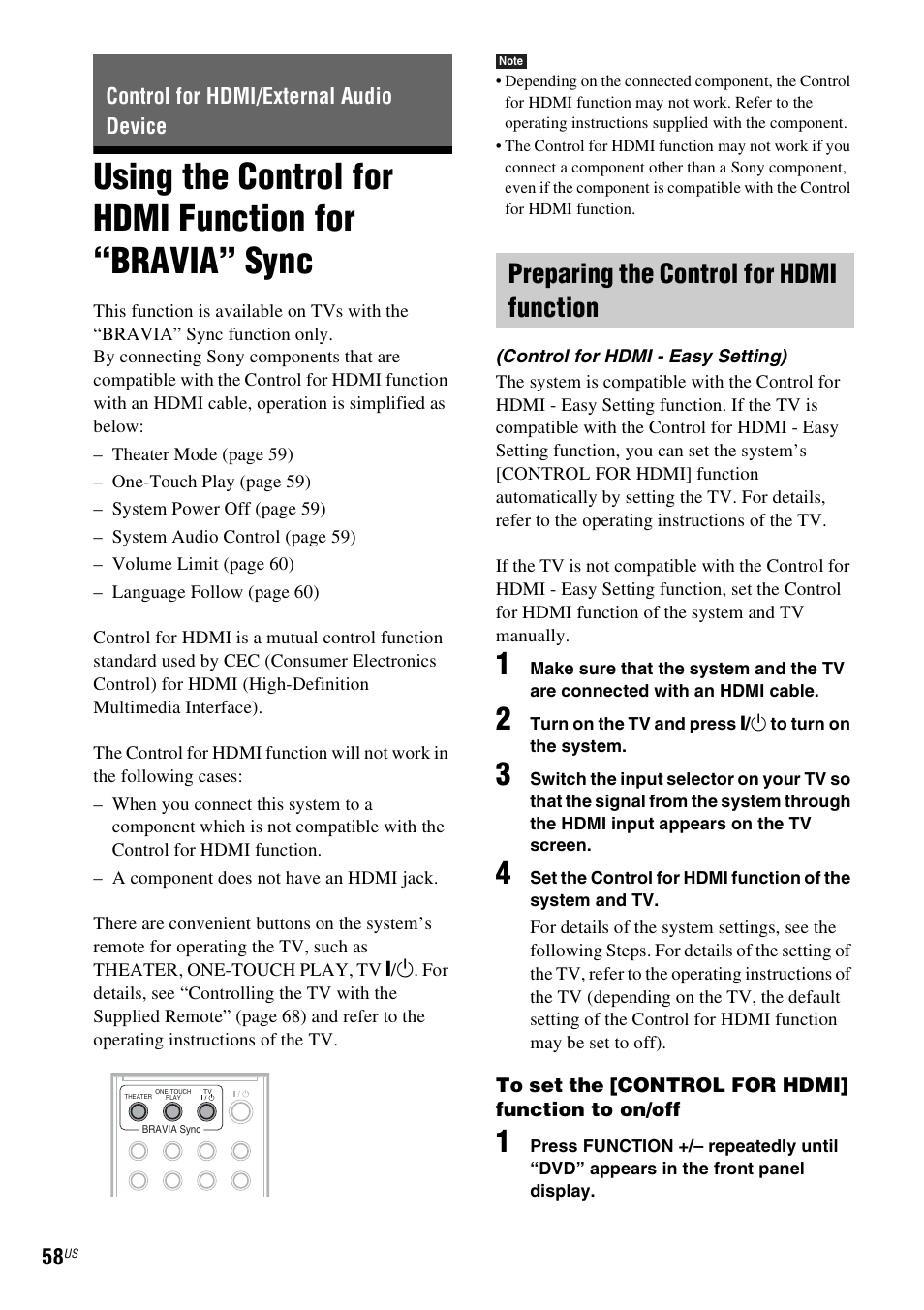 Control for hdmi/external audio device, Preparing the control for hdmi function, Using the control for hdmi function for | Bravia” sync | Sony DAV-HDX287WC User Manual | Page 58 / 100