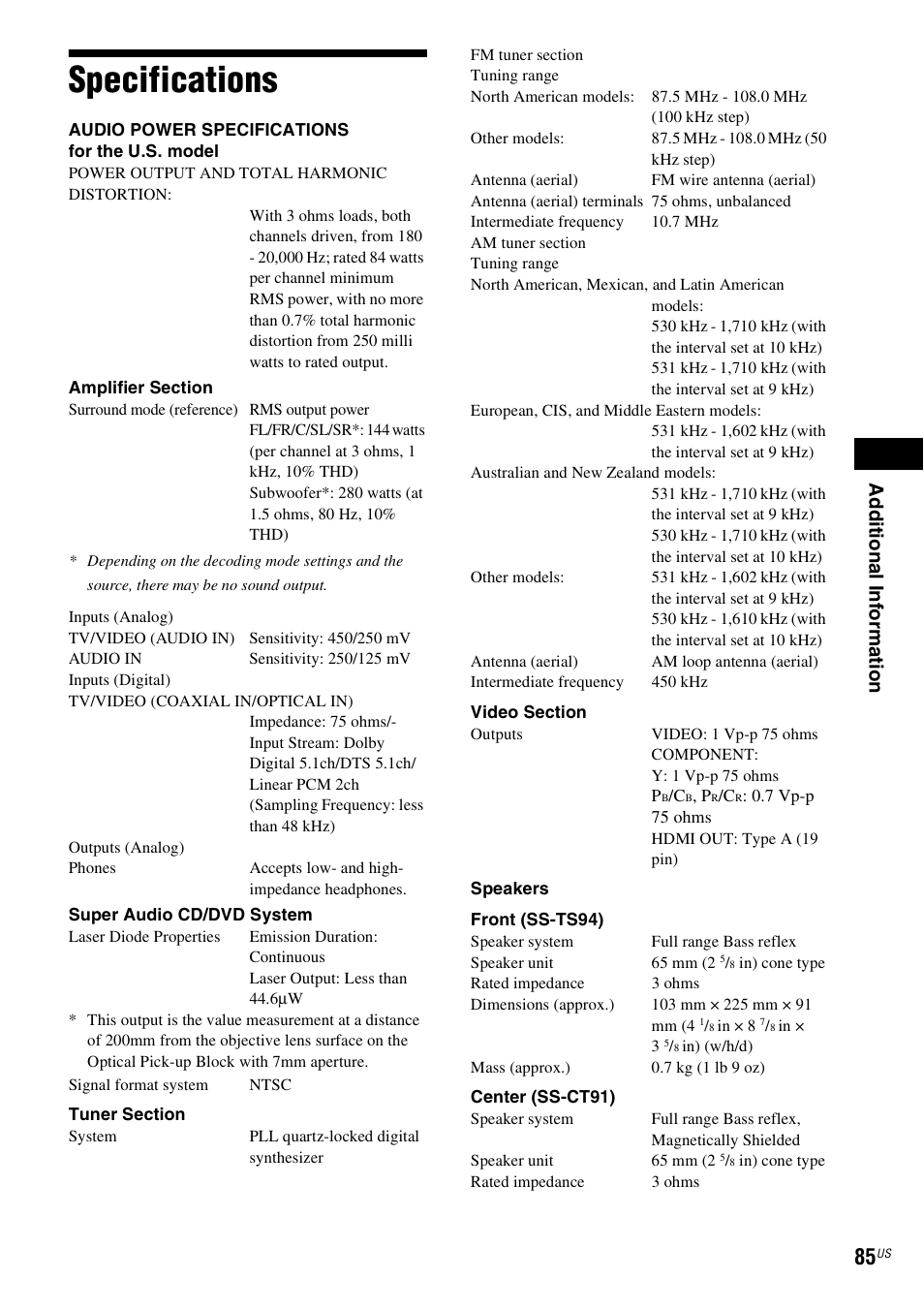 Specifications, Ad dit iona l inf o rma tion | Sony DAV-HDX287WC User Manual | Page 85 / 100