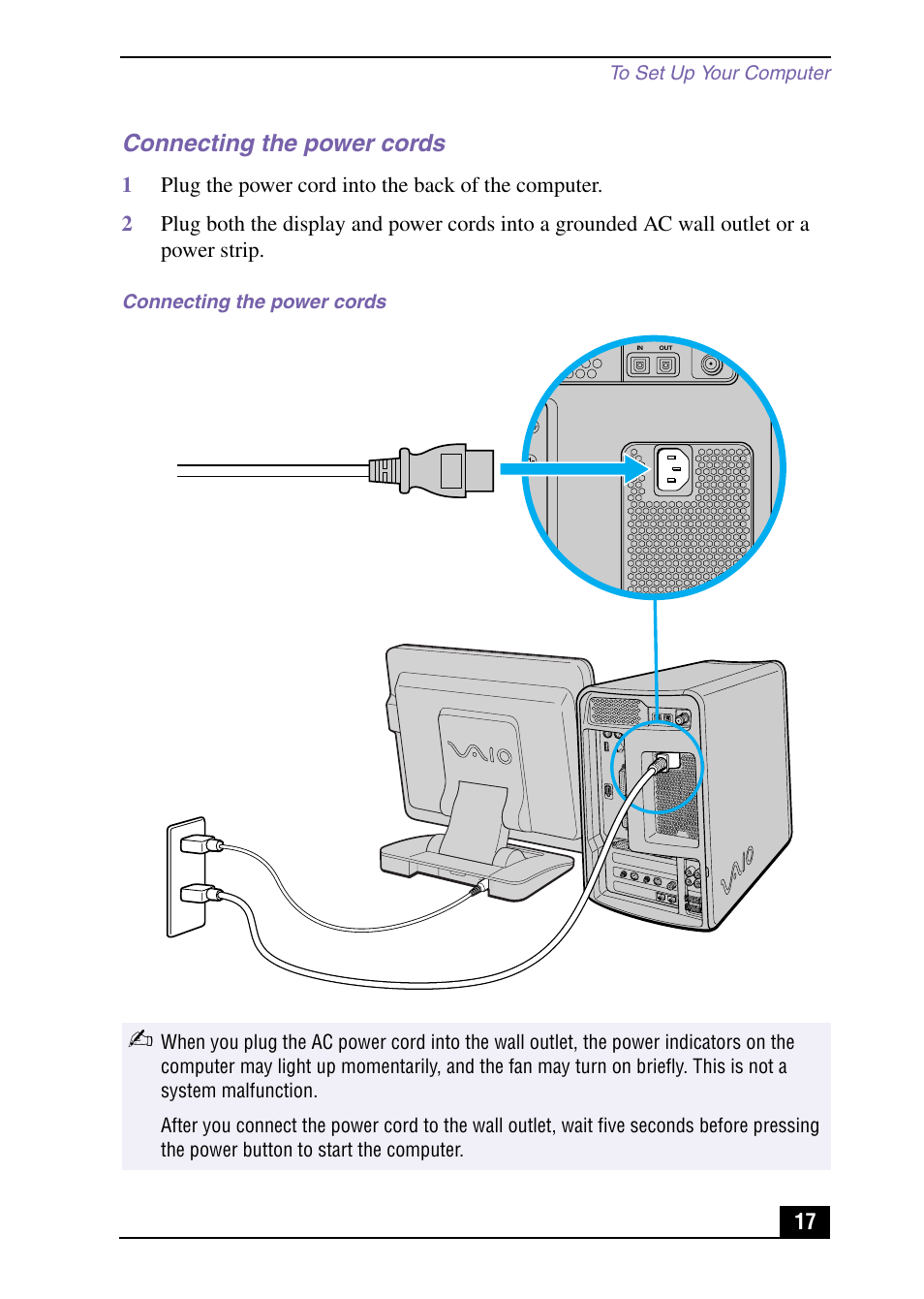 Connecting the power cords | Sony PCV-MXS10 User Manual | Page 17 / 32