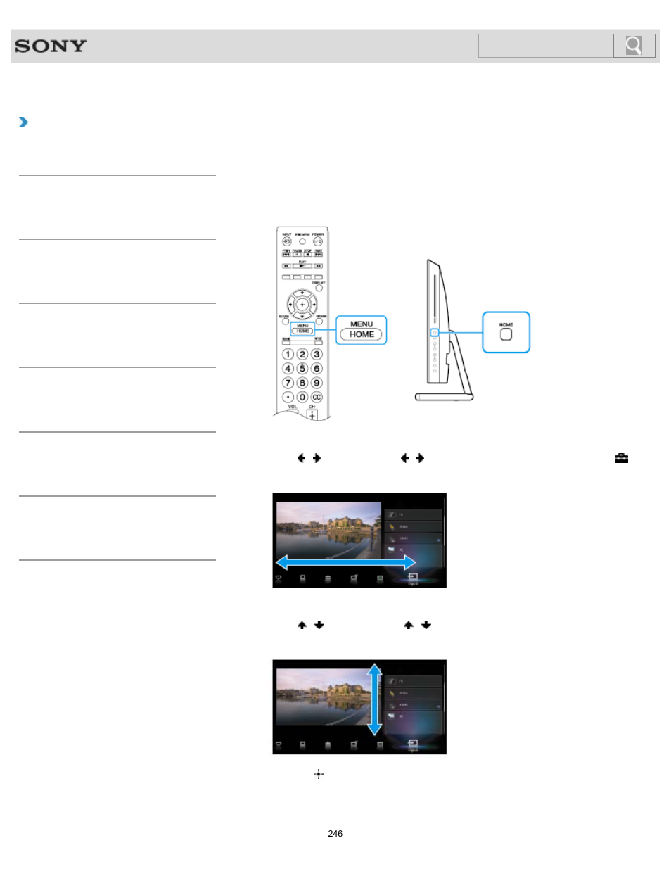 Using the settings menu (monitor function), How to use, Search | Sony SVL241290X User Manual | Page 246 / 535