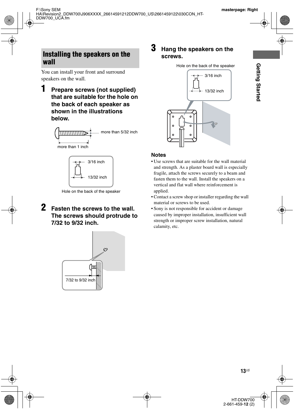 Installing the speakers on the wall | Sony HT-DDW700 User Manual | Page 13 / 60