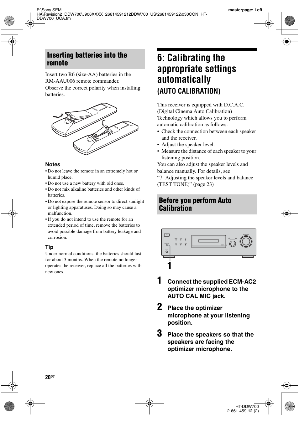 Calibrating the appropriate settings, Automatically (auto calibration), Calibrating the appropriate settings automatically | Auto calibration) | Sony HT-DDW700 User Manual | Page 20 / 60