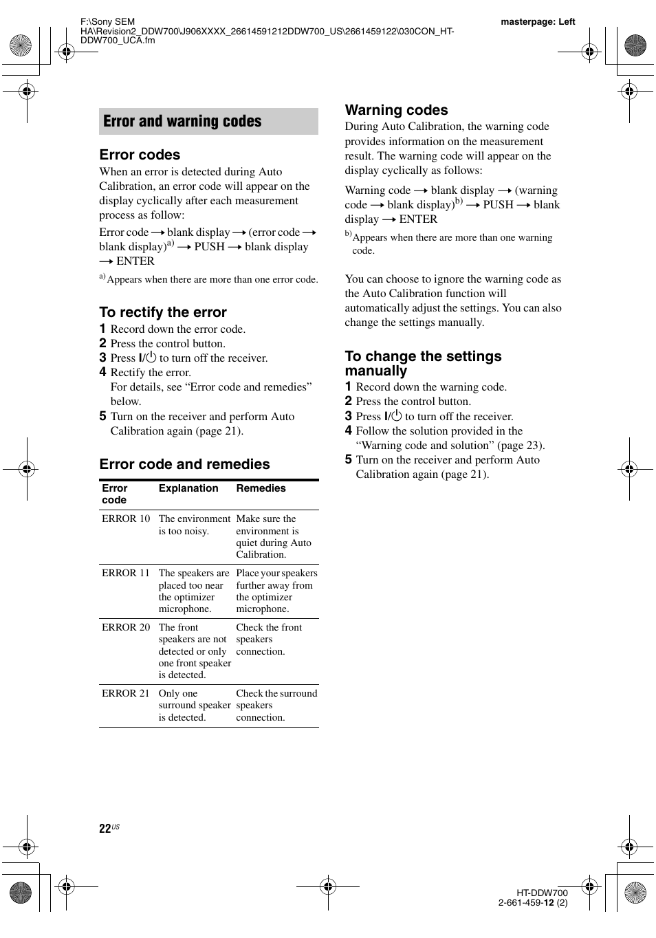 Error and warning codes, Error codes, Error code and remedies warning codes | Sony HT-DDW700 User Manual | Page 22 / 60