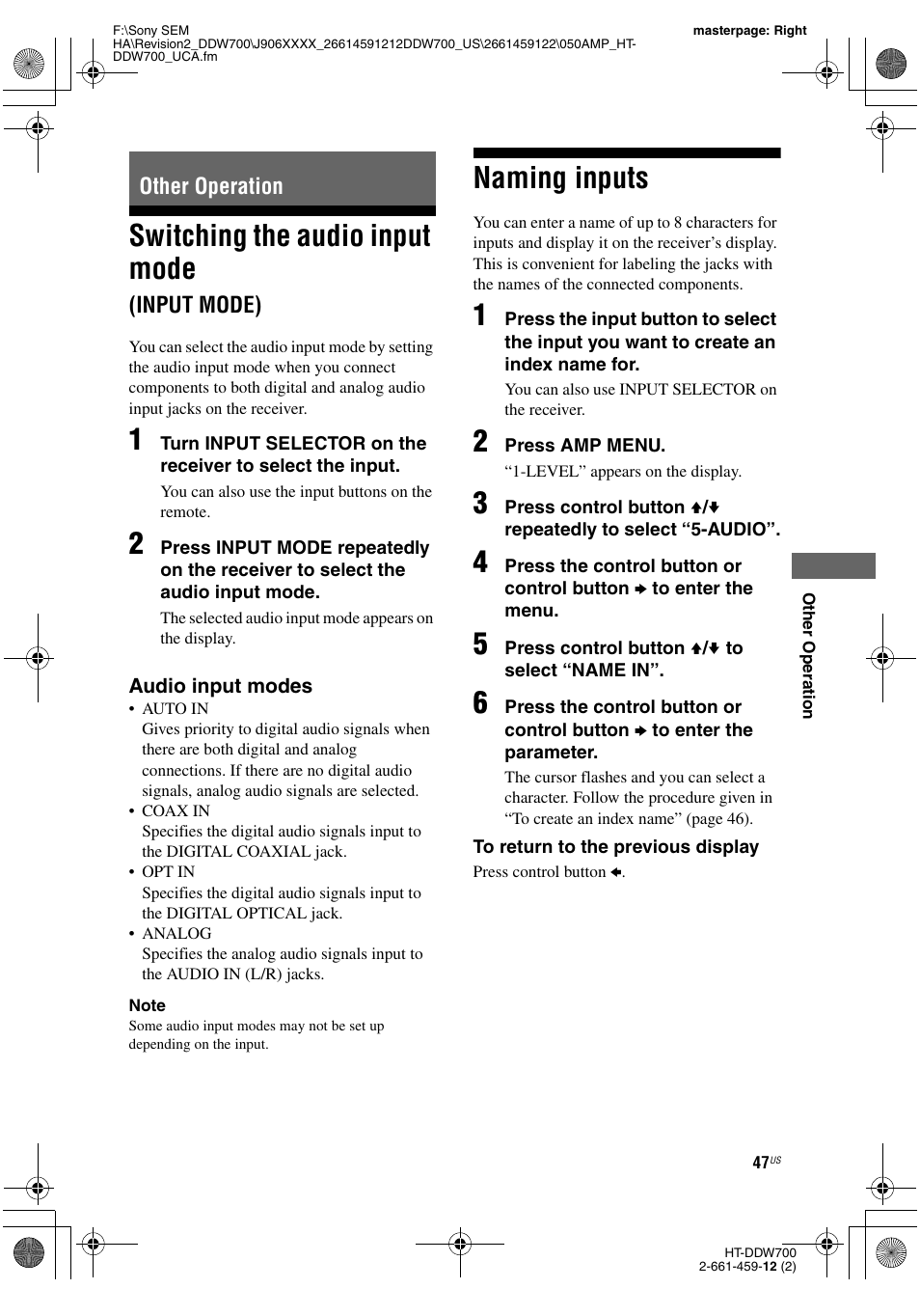 Other operation, Switching the audio input mode (input mode), Naming inputs | Switching the audio input mode, Input mode), Age 47) | Sony HT-DDW700 User Manual | Page 47 / 60