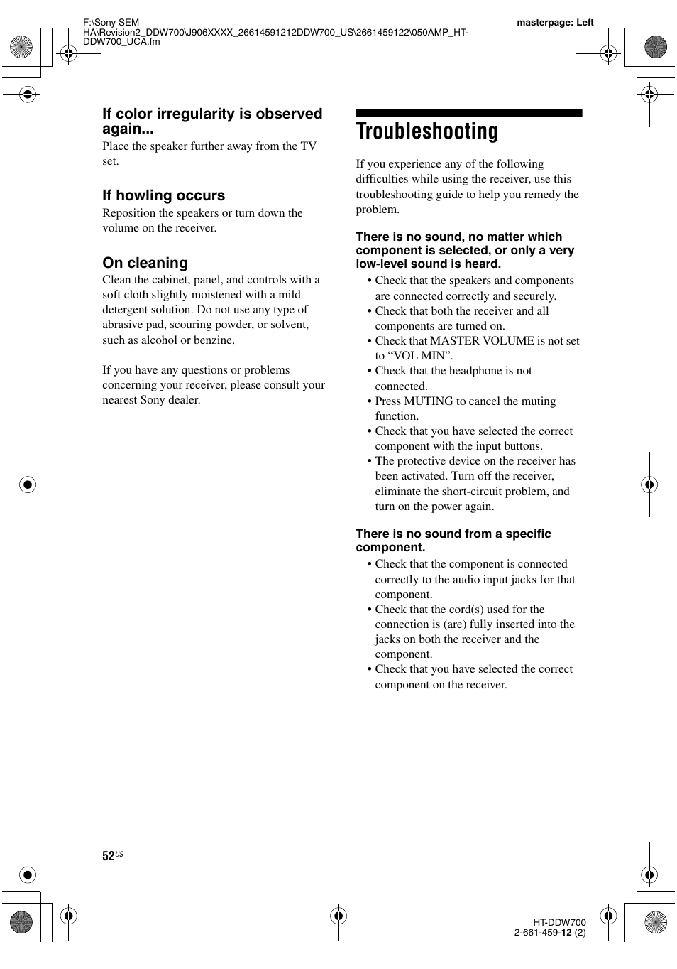 Troubleshooting, If color irregularity is observed again, If howling occurs | On cleaning | Sony HT-DDW700 User Manual | Page 52 / 60